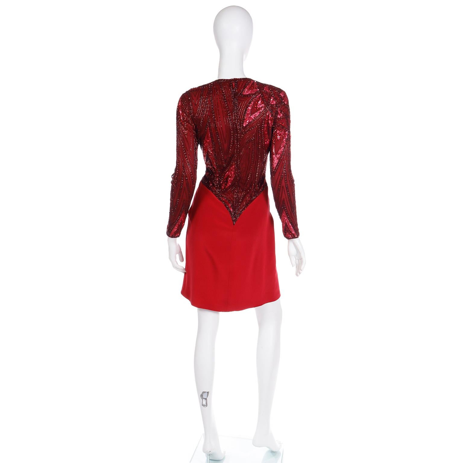 Vintage Bob Mackie Red Silk Dress With A V Shaped Waistline & Beads and Sequins For Sale 1