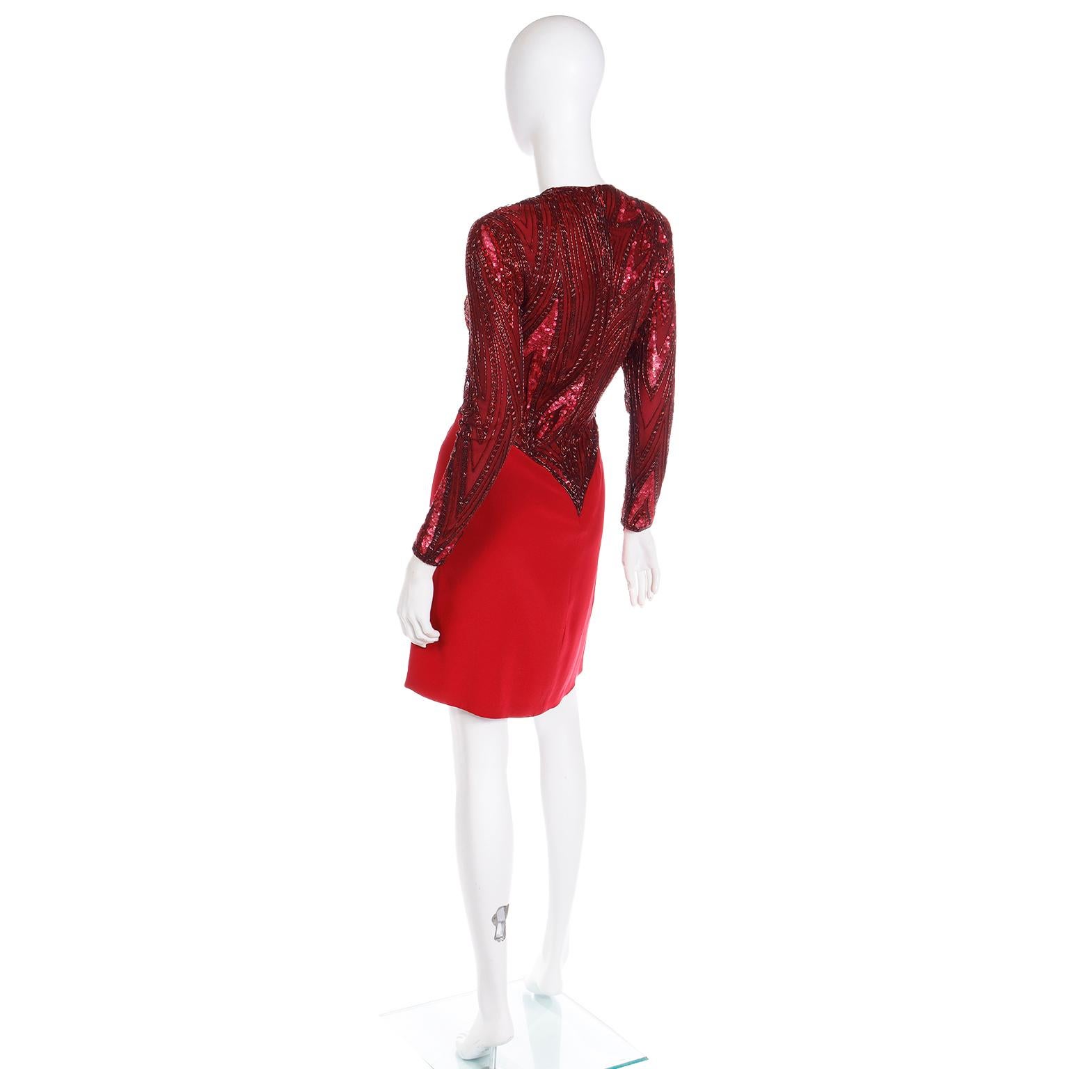 Vintage Bob Mackie Red Silk Dress With A V Shaped Waistline & Beads and Sequins For Sale 2