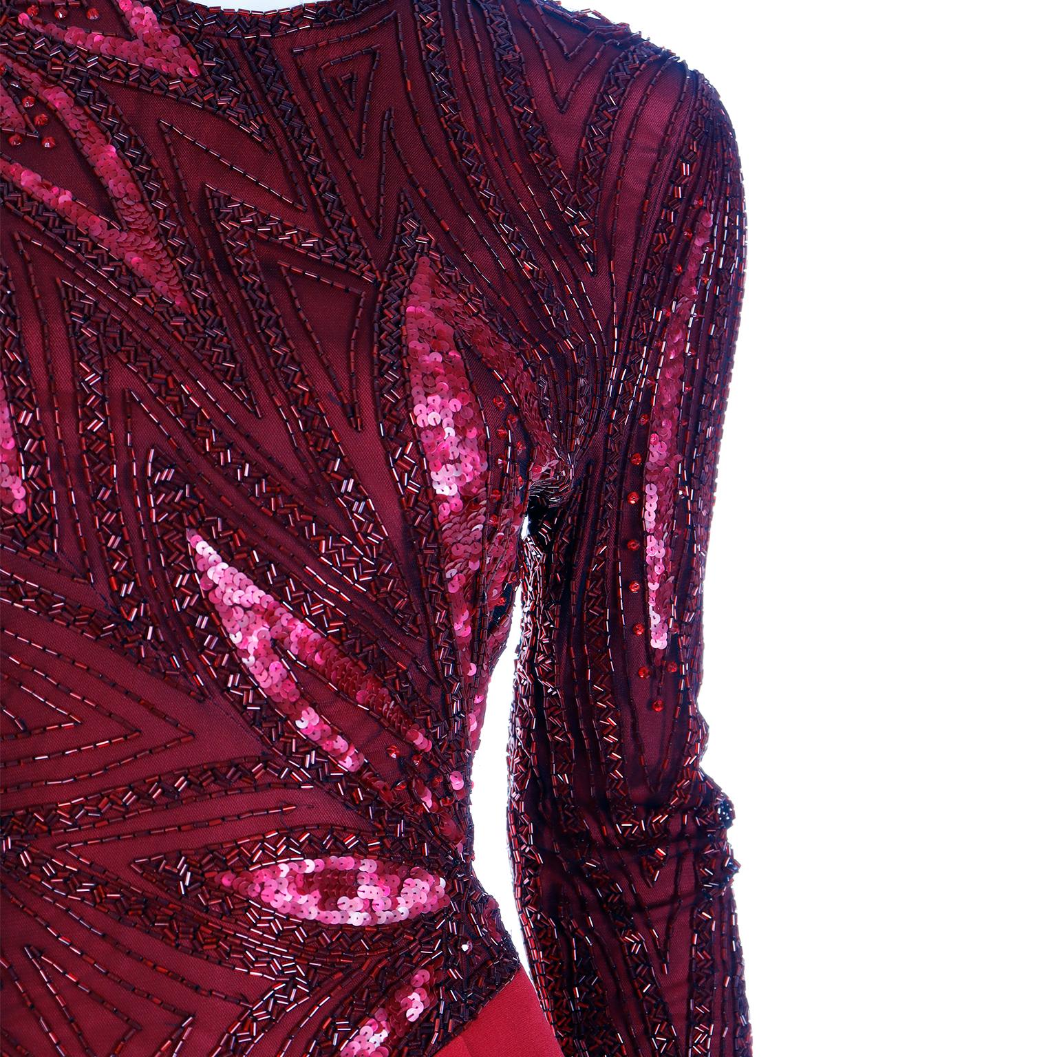 Vintage Bob Mackie Red Silk Dress With A V Shaped Waistline & Beads and Sequins For Sale 4