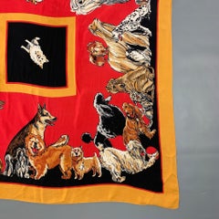 Vintage BOB MACKIE Red Tan Dog Print Silk Scarf