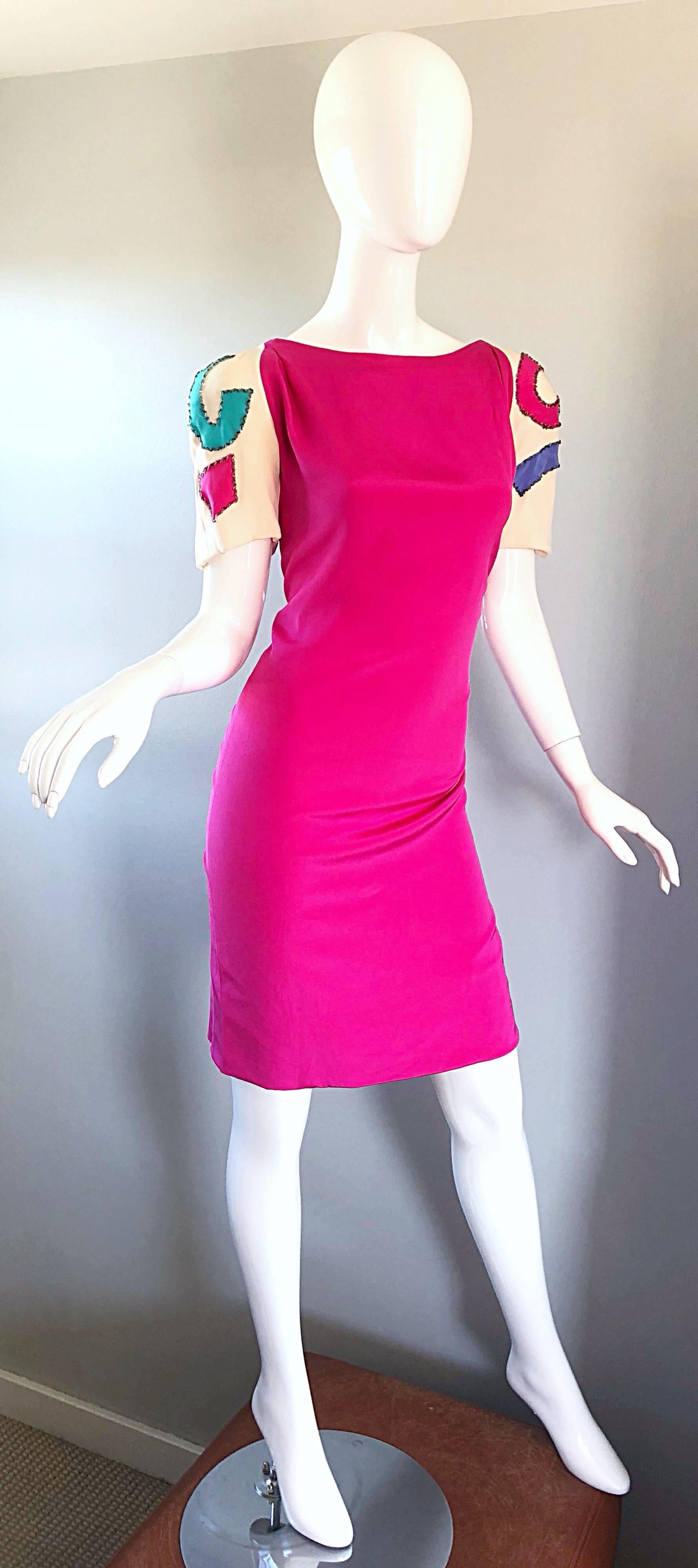 Vintage Bob Mackie Size 12 / 14 Hot Pink Ivory 1980s Short Sleeve 80s Silk Dress In Excellent Condition In San Diego, CA