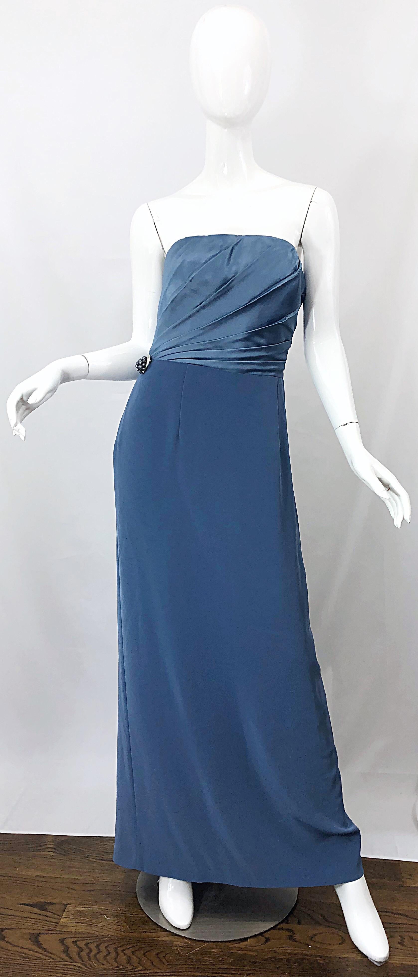 Vintage Bob Mackie Size 12 90s Blue Silk Strapless 1990s Evening Gown Dress 3