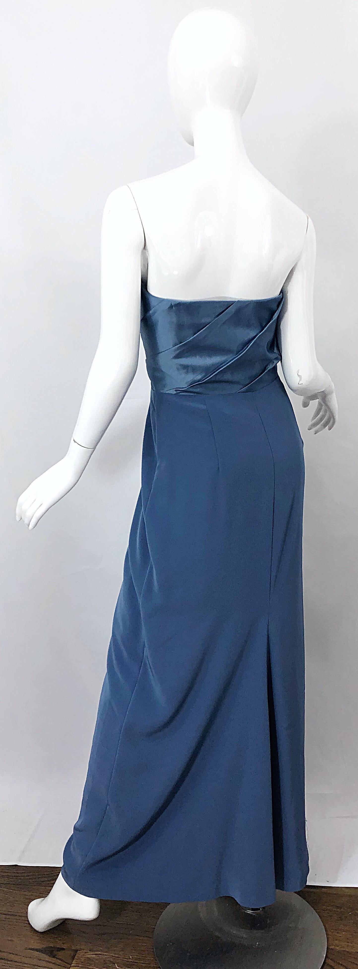 blue silk strapless dress