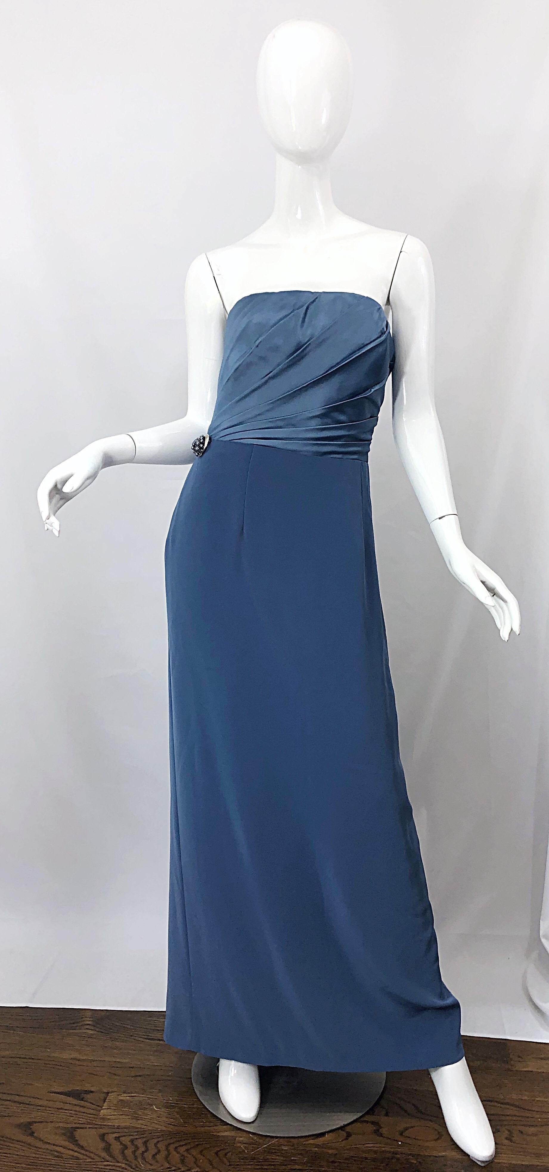 Vintage Bob Mackie Size 12 90s Blue Silk Strapless 1990s Evening Gown Dress In Excellent Condition In San Diego, CA