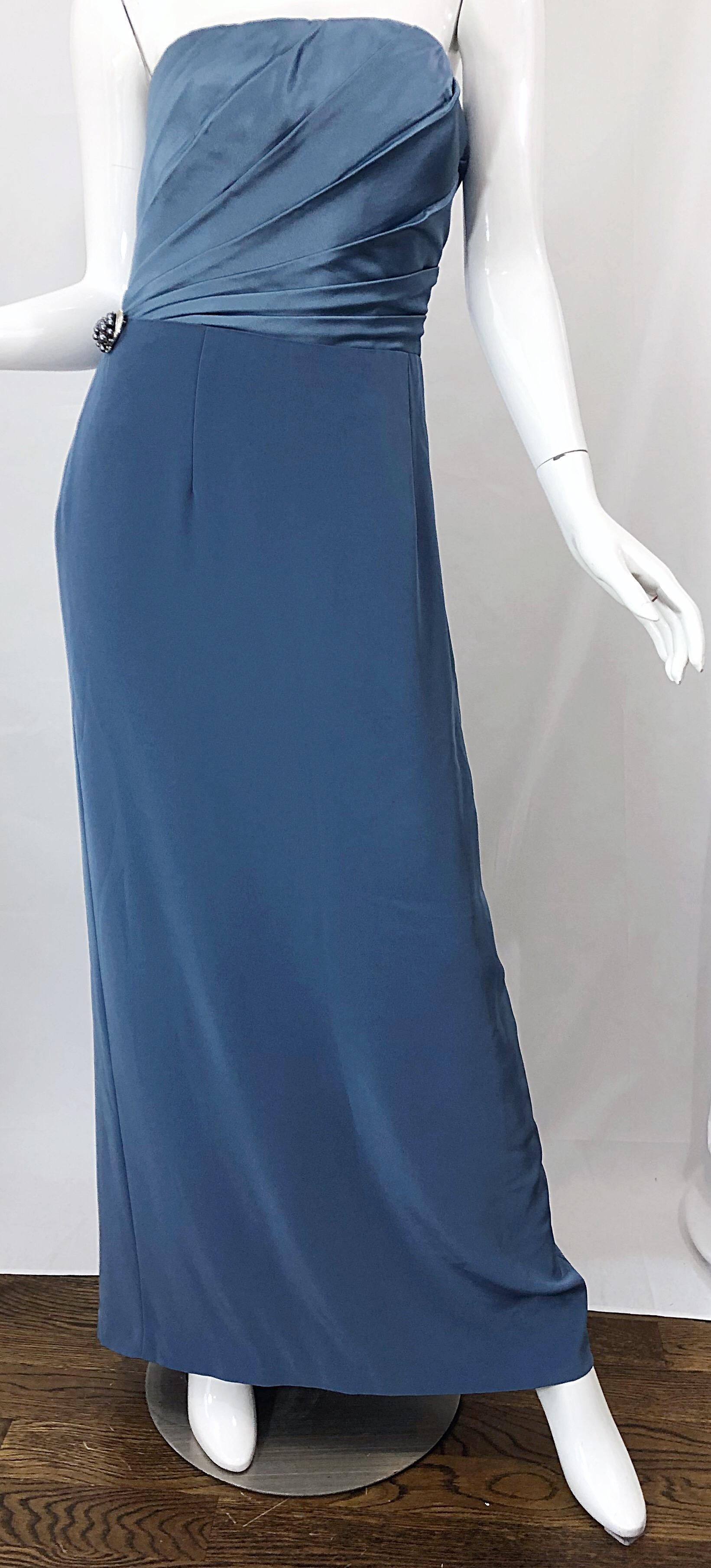 Women's Vintage Bob Mackie Size 12 90s Blue Silk Strapless 1990s Evening Gown Dress
