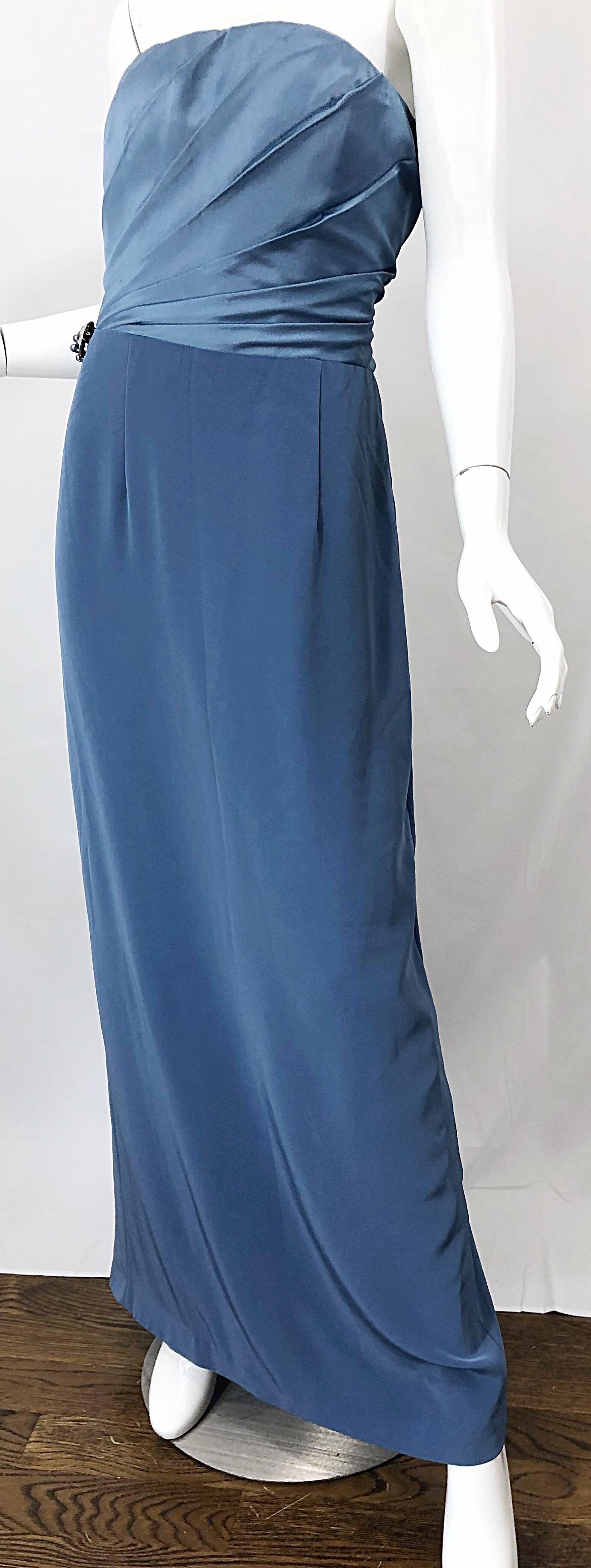 Vintage Bob Mackie Size 12 90s Blue Silk Strapless 1990s Evening Gown Dress 2