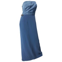 Vintage Bob Mackie Size 12 80s Blue Silk Strapless 1980s Evening Gown Dress