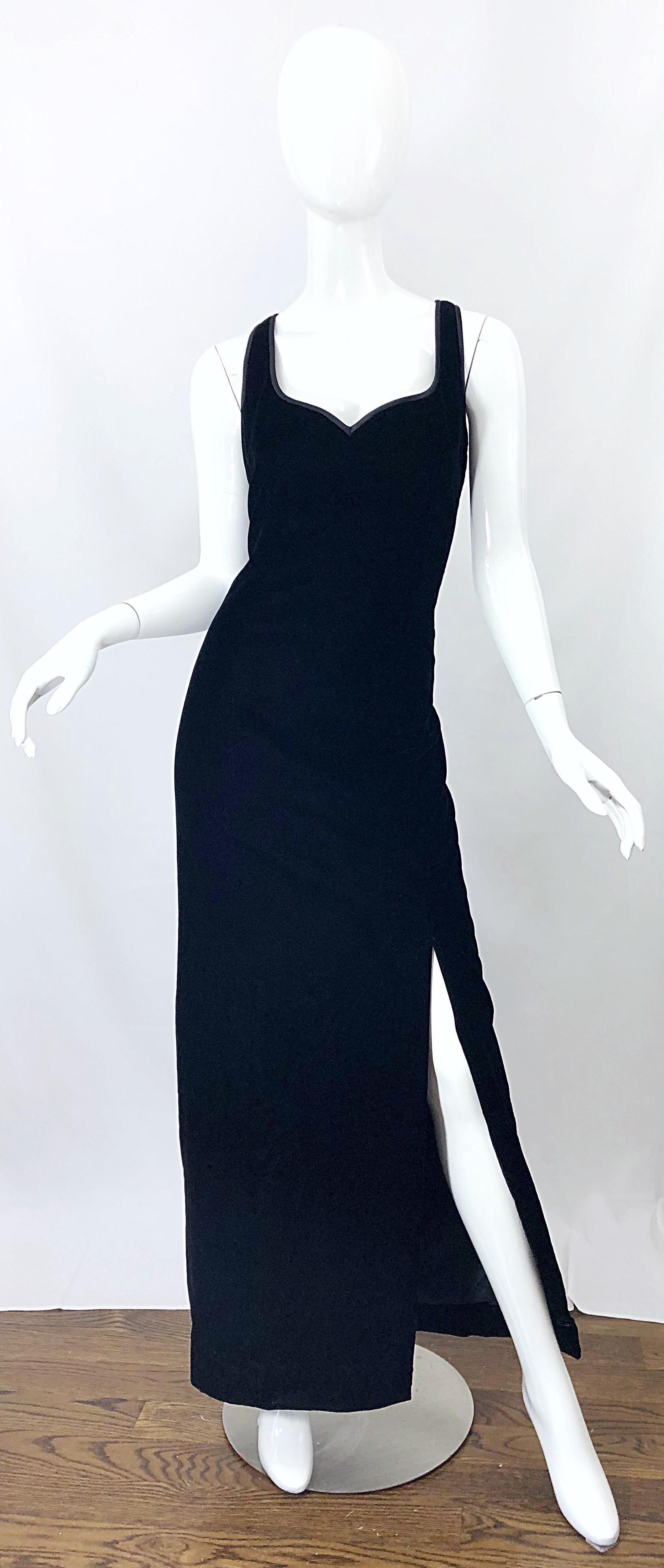 Beautiful vintage 90s BOB MACKIE black velvet sleeveless evening gown! Features a flattering satin lined sweetheart neckline and a thigh high slit that reveals just the right amount of leg. Hidden zipper up the back with hook-and-eye closure. The