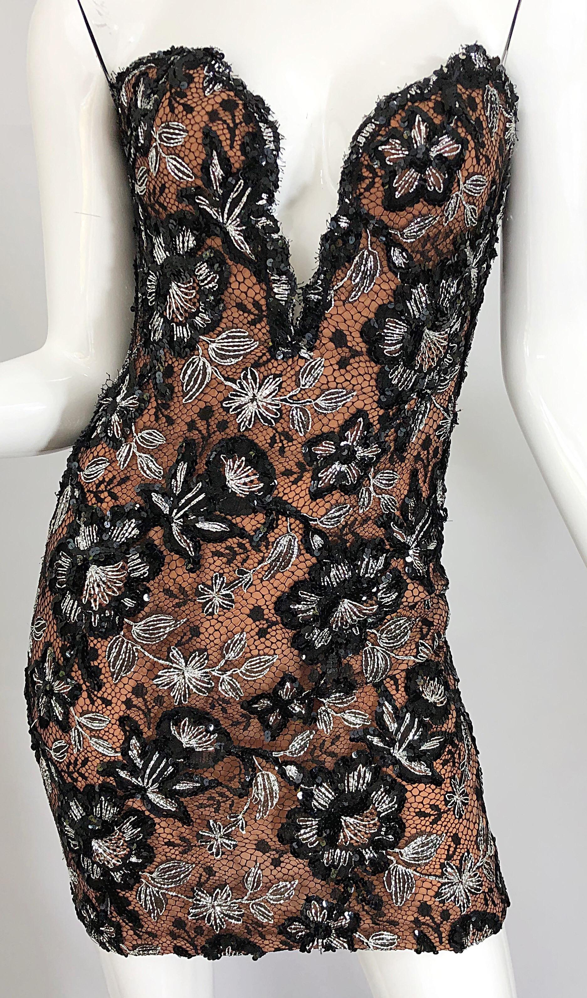 Vintage Bob Mackie Size 4 / 6 Black Nude Lace Sequin Sexy Plunging Mini Dress  6