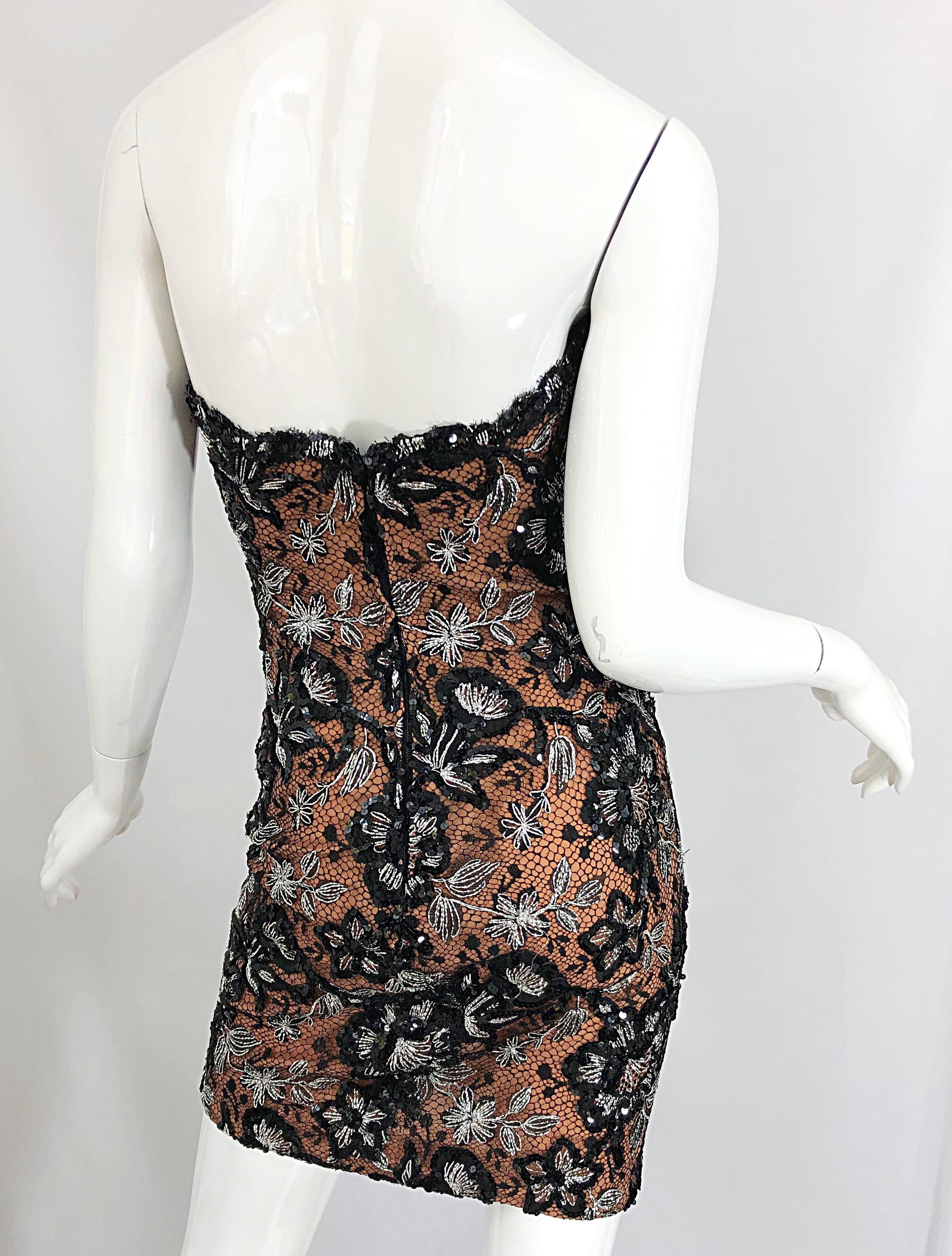 Vintage Bob Mackie Size 4 / 6 Black Nude Lace Sequin Sexy Plunging Mini Dress 7