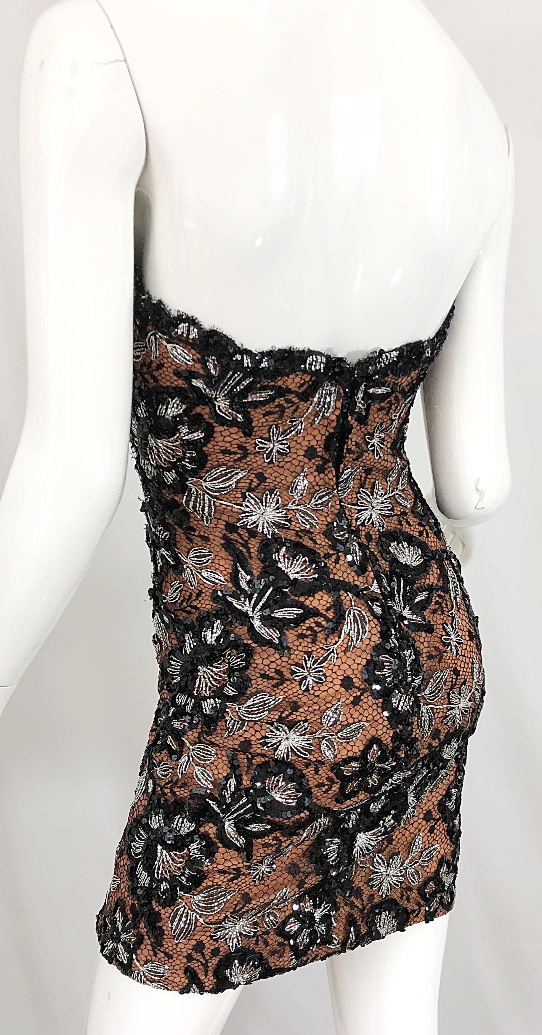 Vintage Bob Mackie Size 4 / 6 Black Nude Lace Sequin Sexy Plunging Mini Dress  9