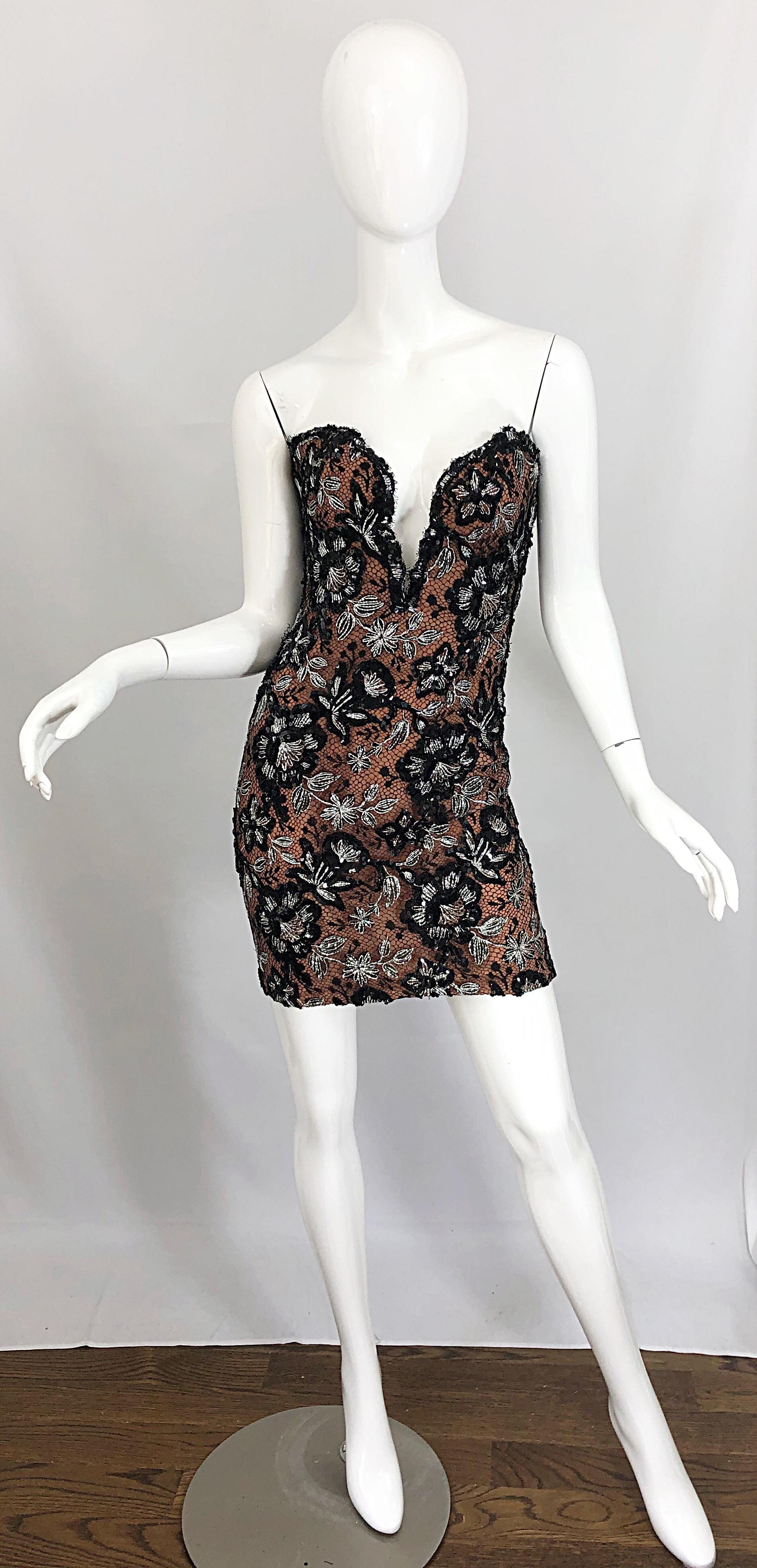 Vintage Bob Mackie Size 4 / 6 Black Nude Lace Sequin Sexy Plunging Mini Dress 10