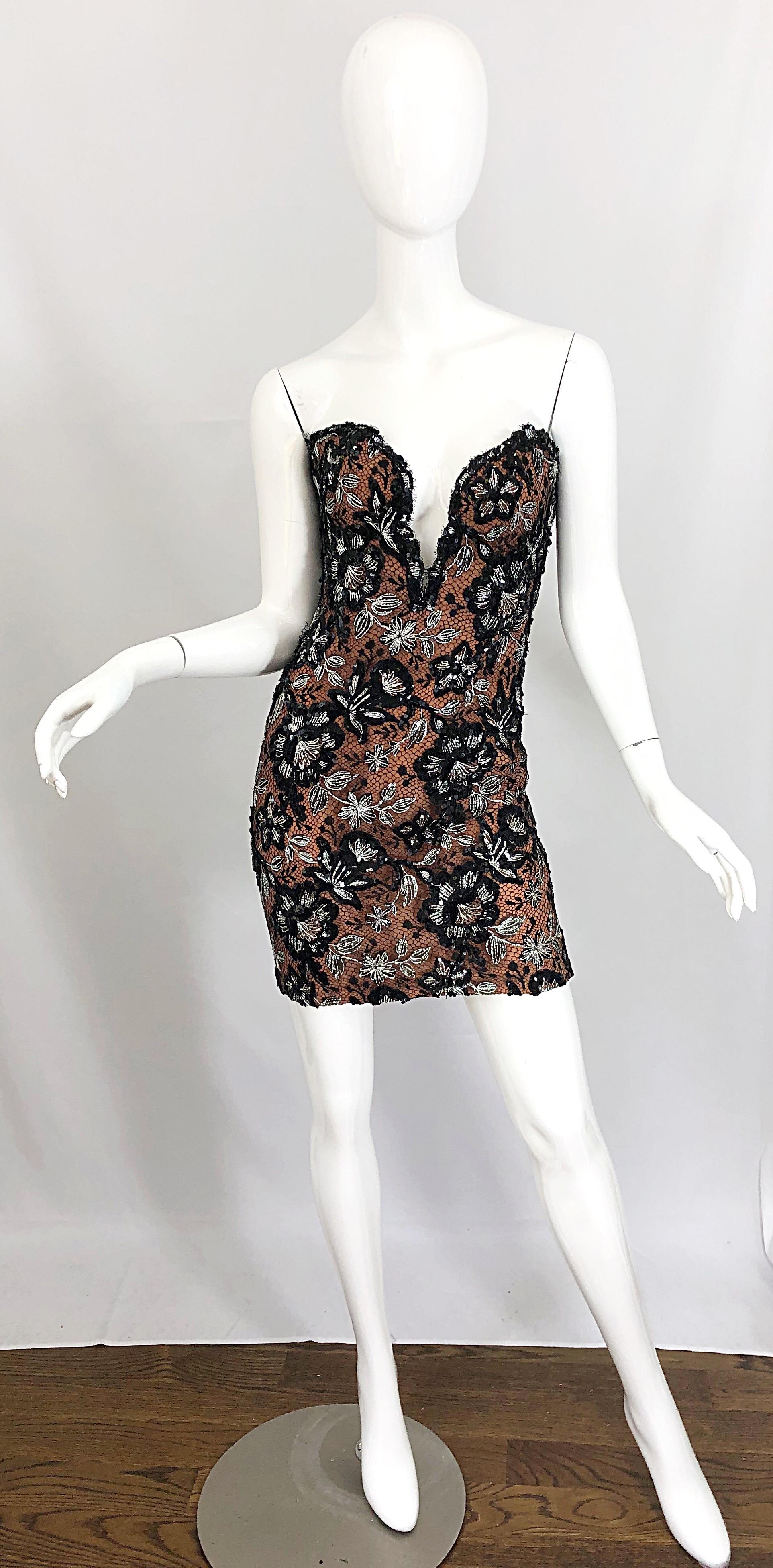 Vintage Bob Mackie Size 4 / 6 Black Nude Lace Sequin Sexy Plunging Mini Dress  In Excellent Condition In San Diego, CA