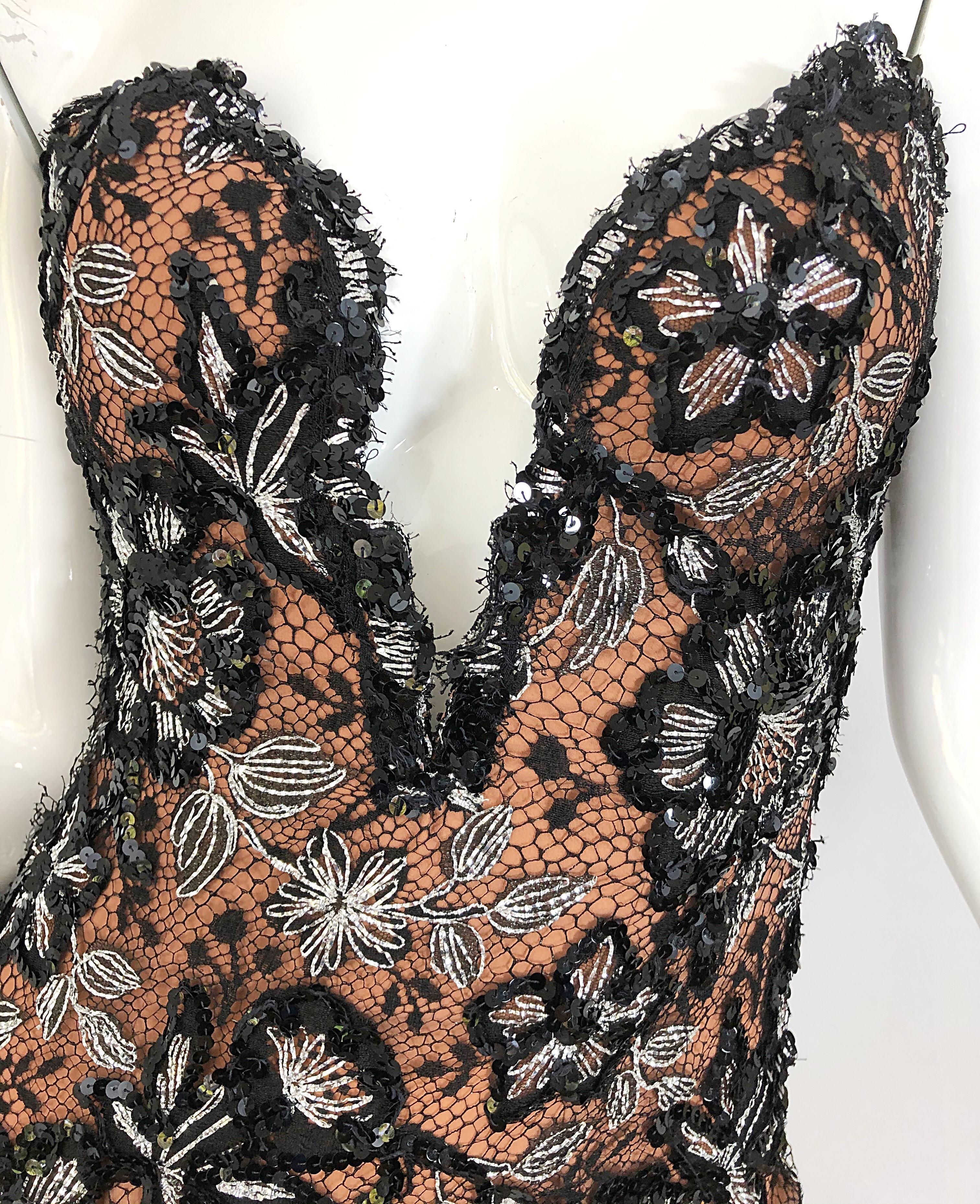 Women's Vintage Bob Mackie Size 4 / 6 Black Nude Lace Sequin Sexy Plunging Mini Dress 