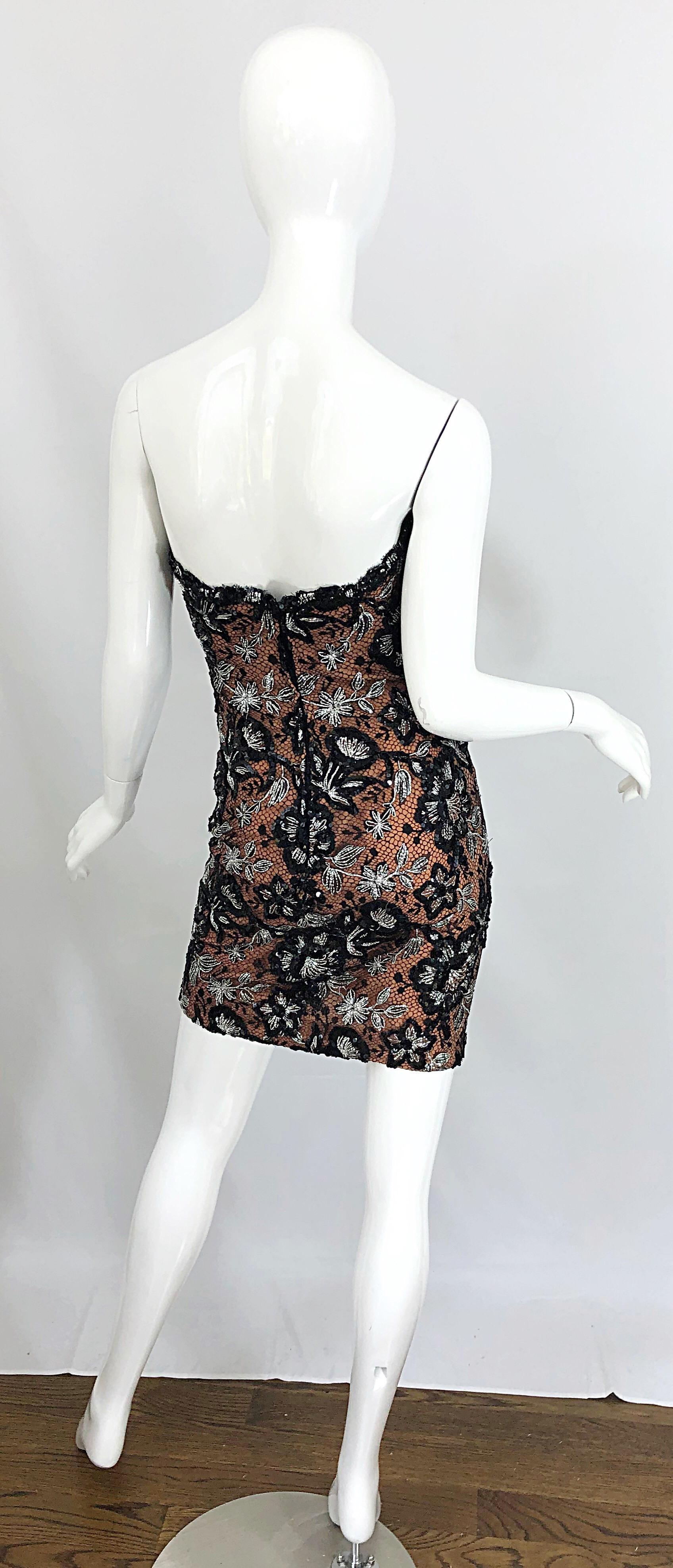 Vintage Bob Mackie Size 4 / 6 Black Nude Lace Sequin Sexy Plunging Mini Dress  1