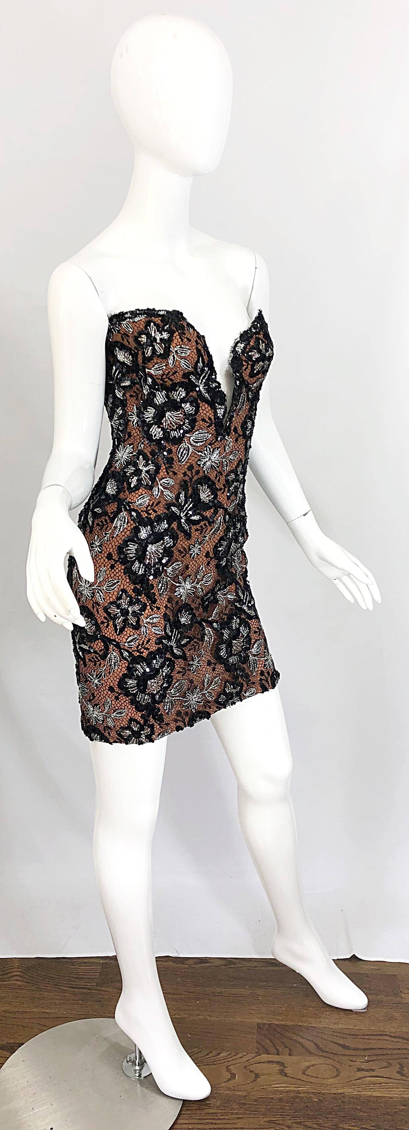 Vintage Bob Mackie Size 4 / 6 Black Nude Lace Sequin Sexy Plunging Mini Dress  2