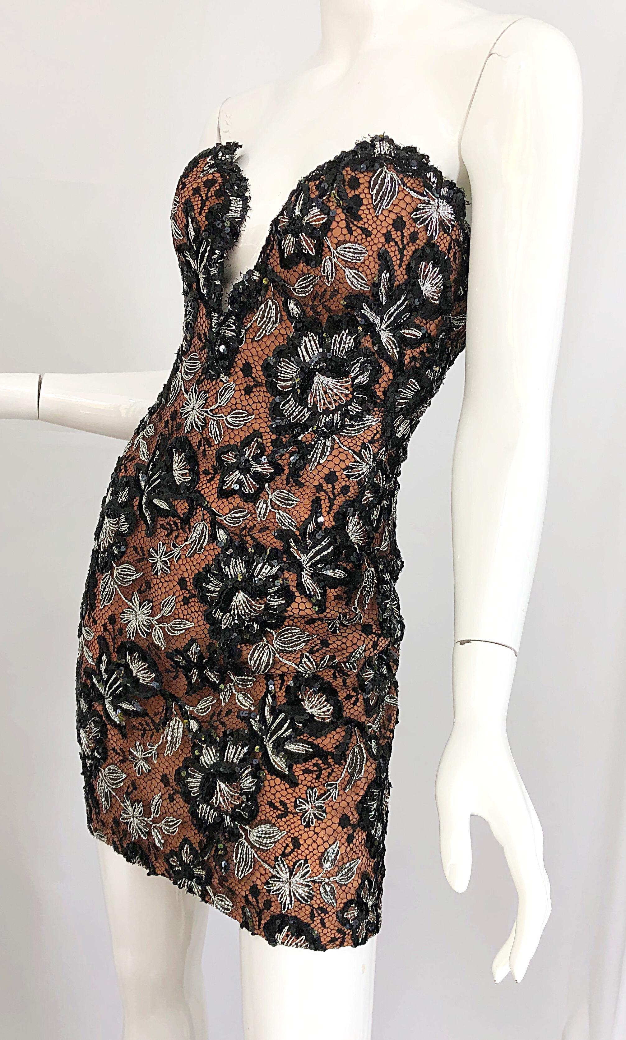 Vintage Bob Mackie Size 4 / 6 Black Nude Lace Sequin Sexy Plunging Mini Dress  4
