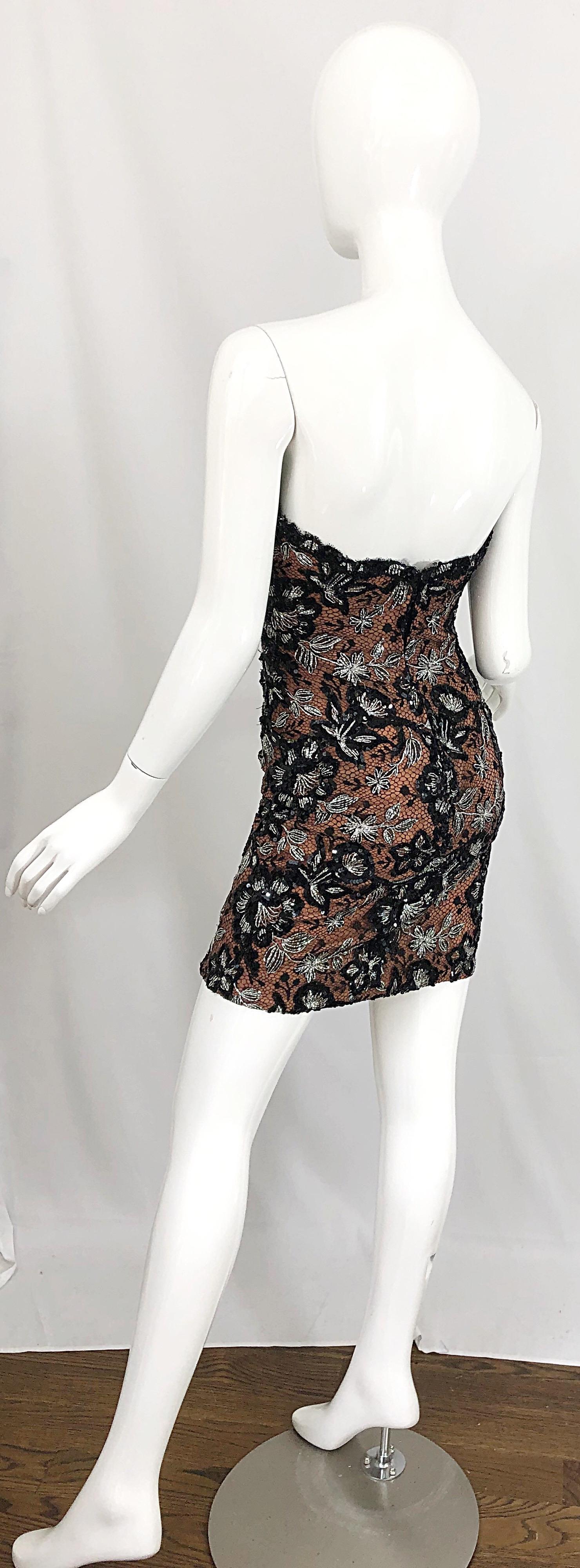 Vintage Bob Mackie Size 4 / 6 Black Nude Lace Sequin Sexy Plunging Mini Dress  5