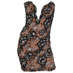 Vintage Bob Mackie Size 4 / 6 Black Nude Lace Sequin Sexy Plunging Mini Dress