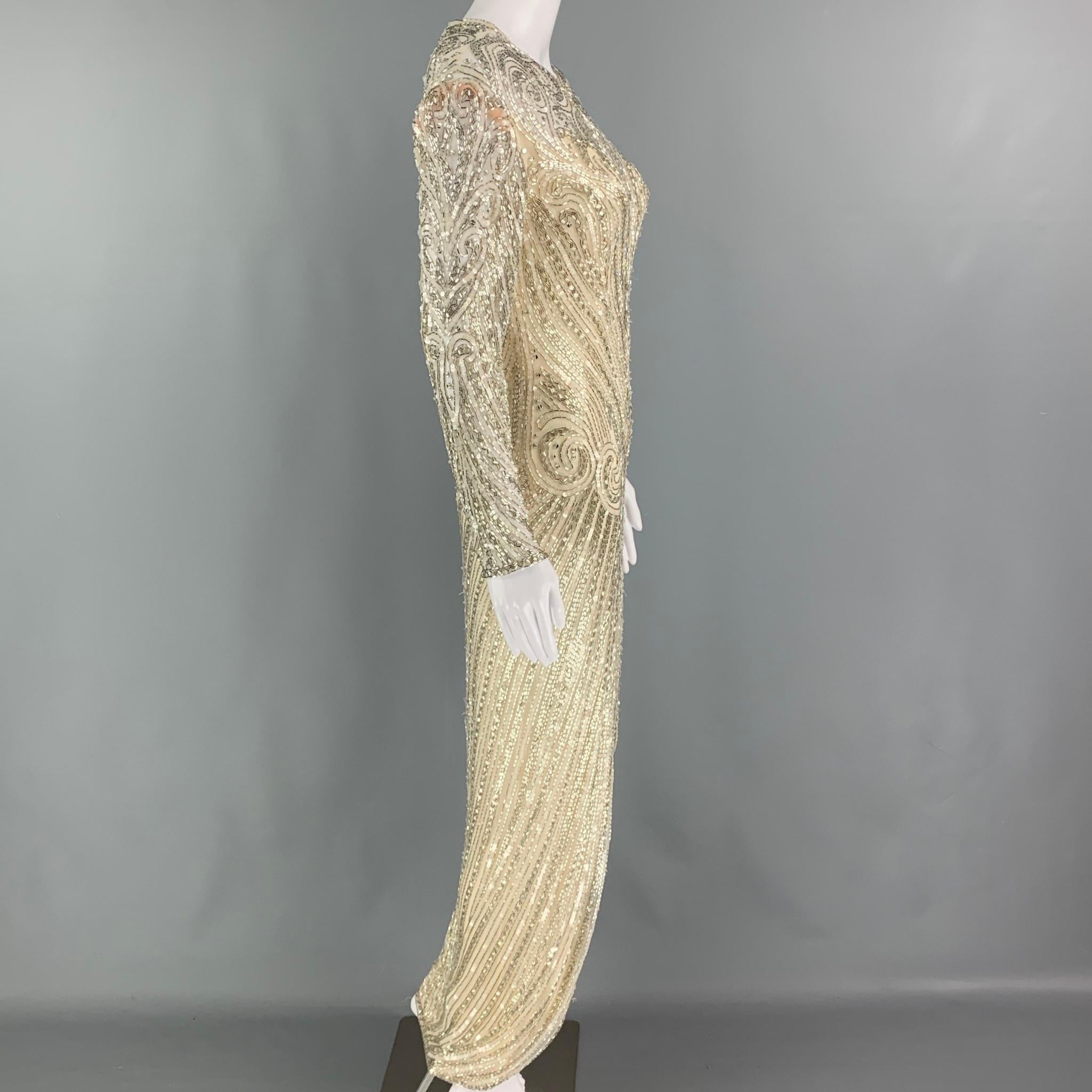 Women's Vintage BOB MACKIE Size 6 Cream Silver Silk Beaded Long Sleeve Dress