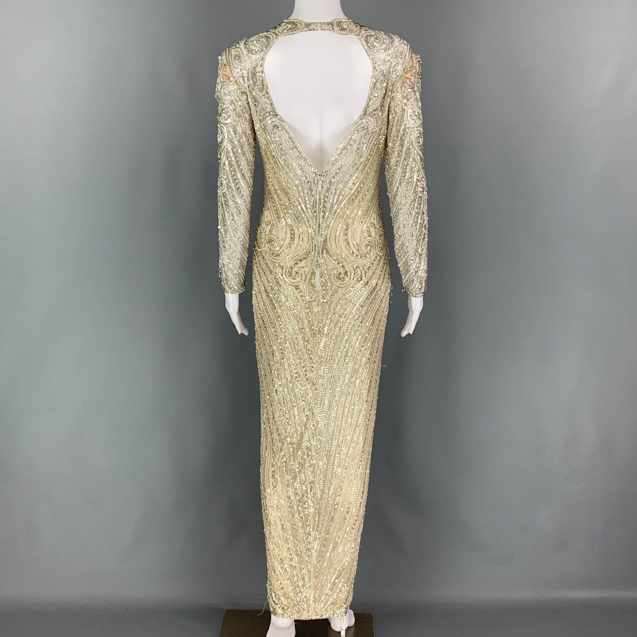 Vintage BOB MACKIE Size 6 Cream Silver Silk Beaded Long Sleeve Dress 1