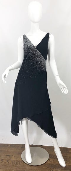 Vintage Bob Mackie Size 8 Black 1990s Silk Chiffon Beaded Hi - Lo 90s Dress