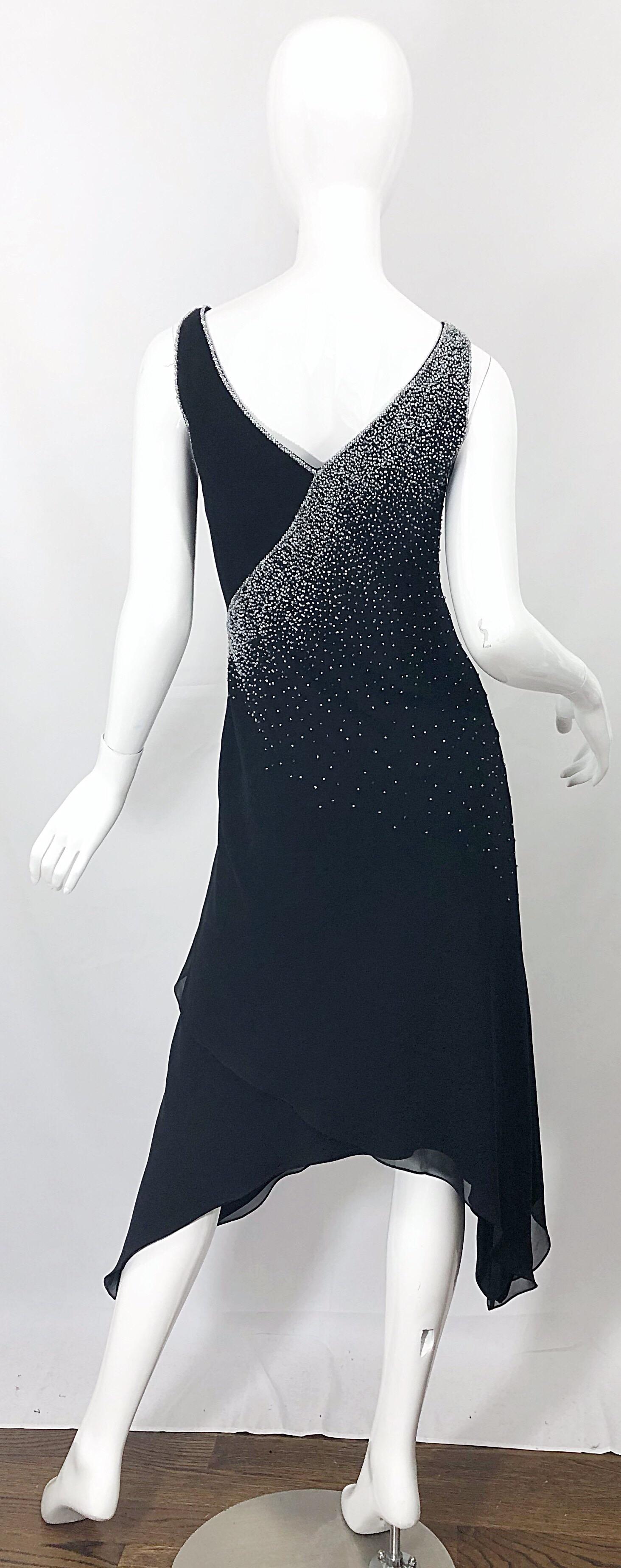 Vintage Bob Mackie Size 8 Black 1990s Silk Chiffon Beaded Hi - Lo 90s Dress In Excellent Condition For Sale In San Diego, CA