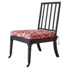 Antique Bobbin Chair with Red Upholstered Seat Cushion, England 19th-Century