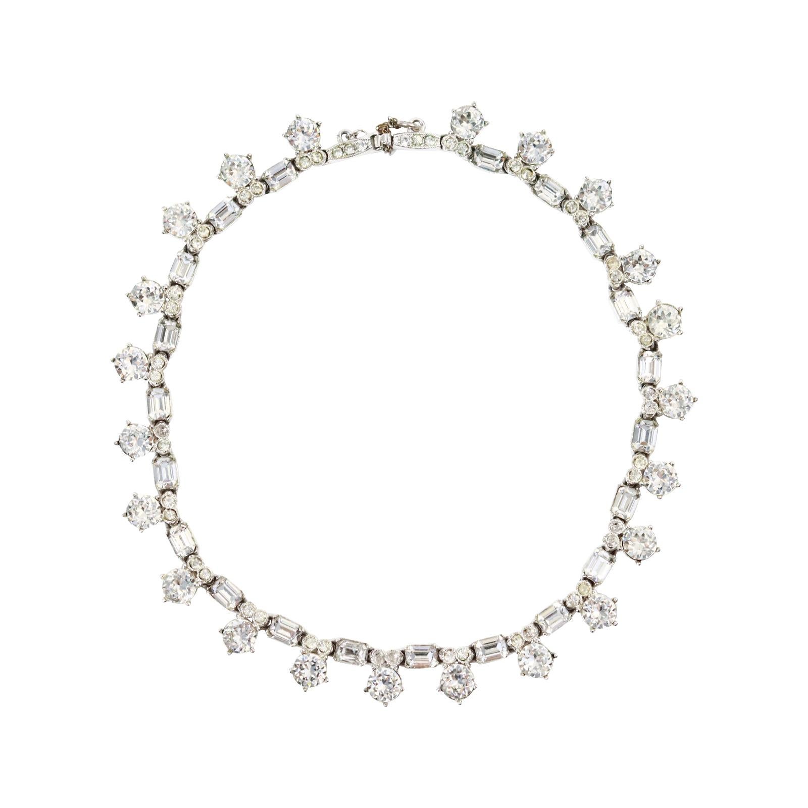 Vintage Bogoff Diamante Rounds and Baguettes Choker Necklace Circa 1960s. This is very elegant. This is so chic and yes chokers are back. This is heavy and substantial and well made.   This is made of drop round stones with a baguette in between