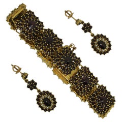 Vintage Bohemian 18K Yellow Gold Garnet Cluster Bracelet Seed Pearl Earrings 