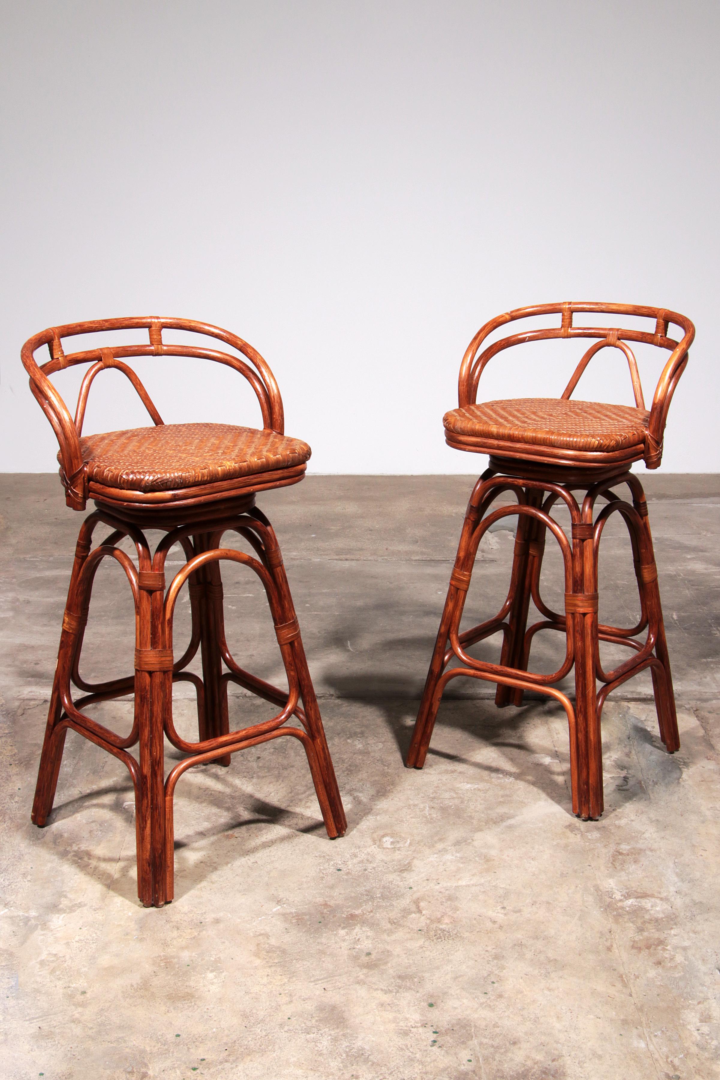 Danish Vintage Bohemian Bamboo bar stools handmade 1970 Denmark