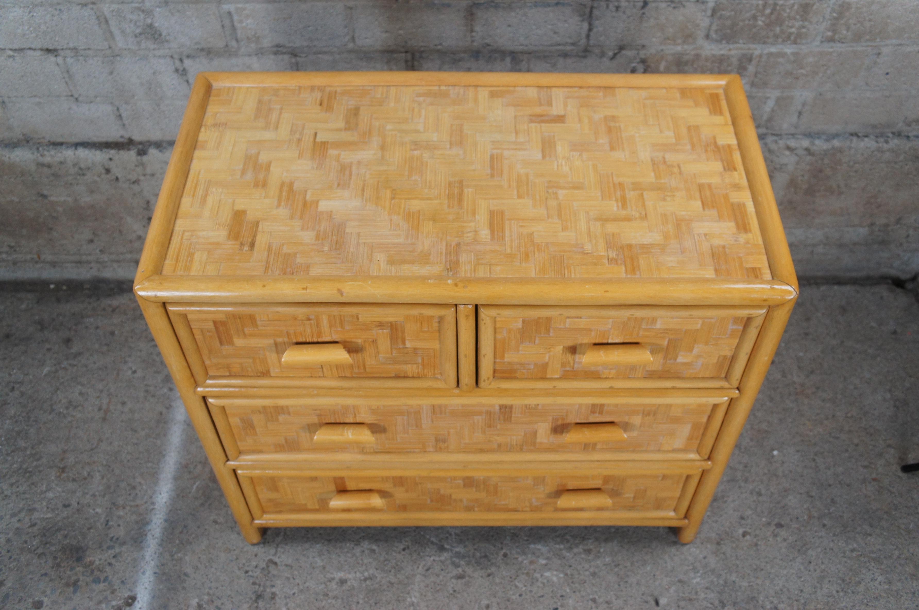 20th Century Vintage Bohemian Bamboo & Woven Rattan 4 Drawer Dresser Chest Drawers Boho Chic