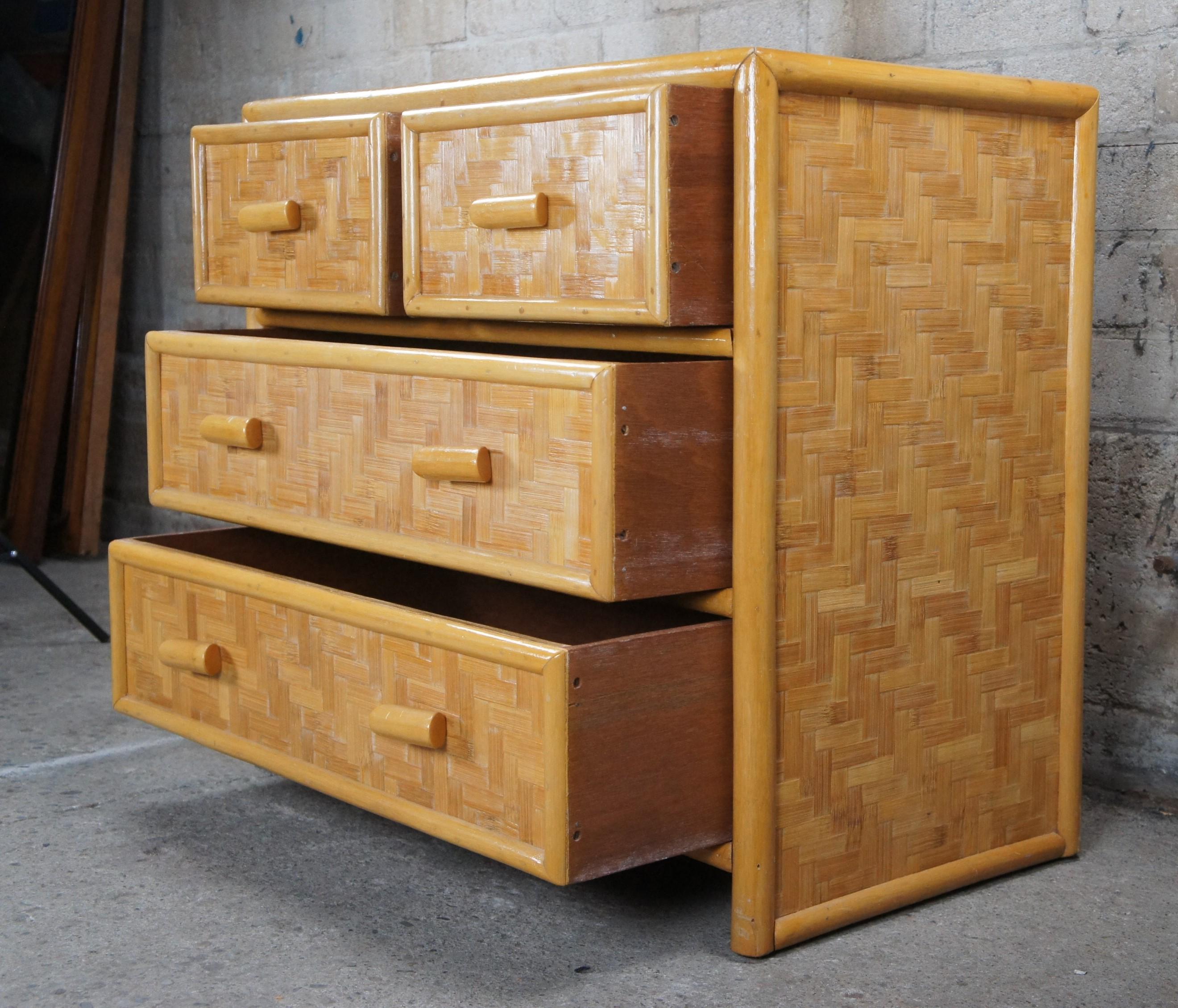 Vintage Bohemian Bamboo & Woven Rattan 4 Drawer Dresser Chest Drawers Boho Chic 3