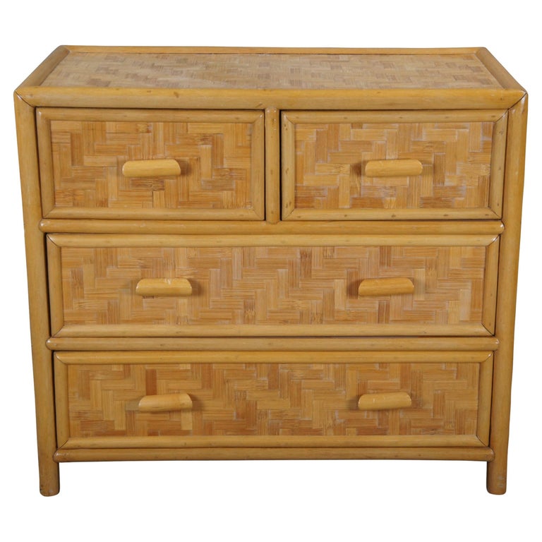 Vintage Bohemian Bamboo and Woven Rattan 4 Drawer Dresser Chest Drawers