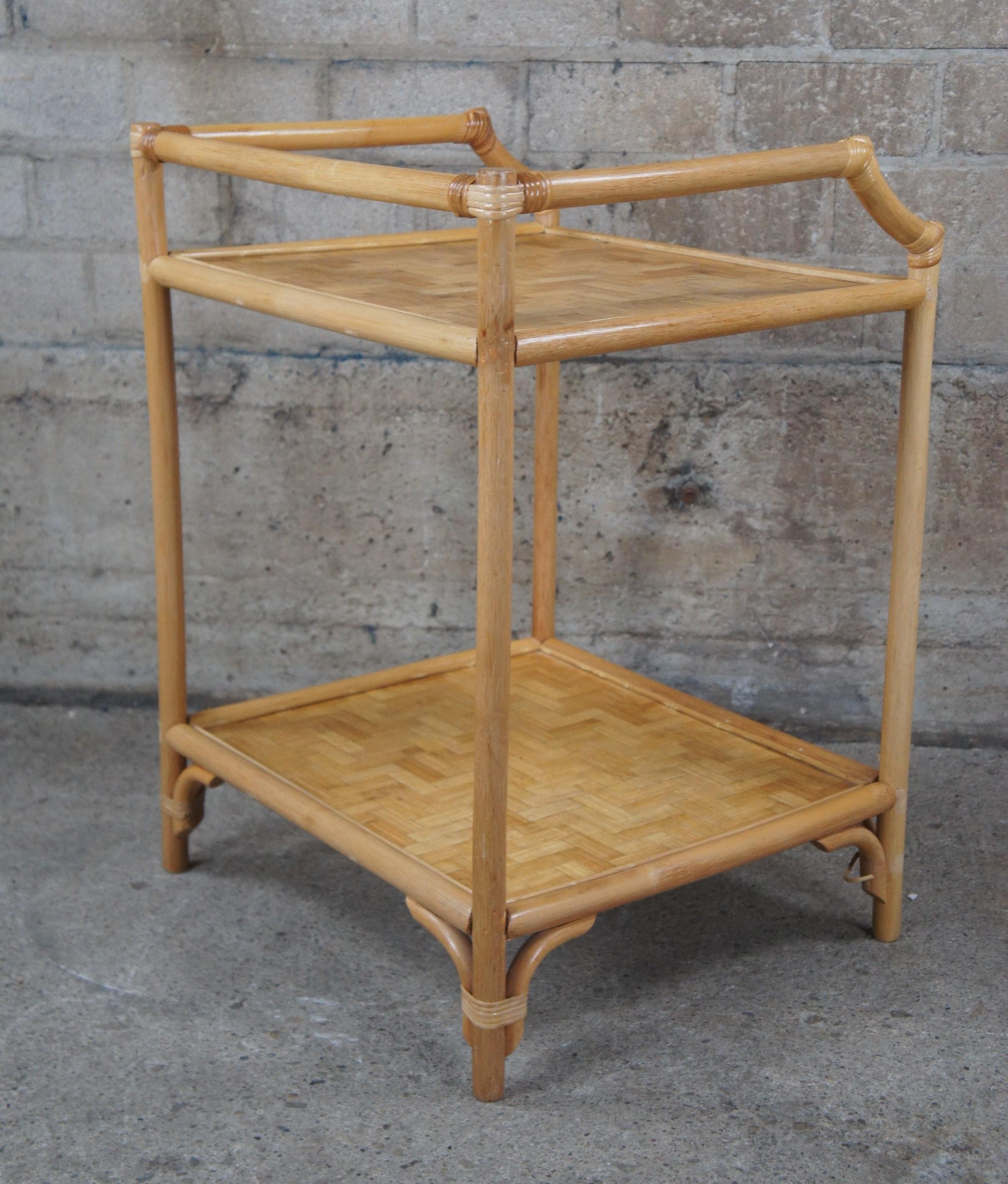 Vintage Bohemian Bamboo & Woven Rattan Etagere Side Table Plant Stand Boho Chic For Sale 2