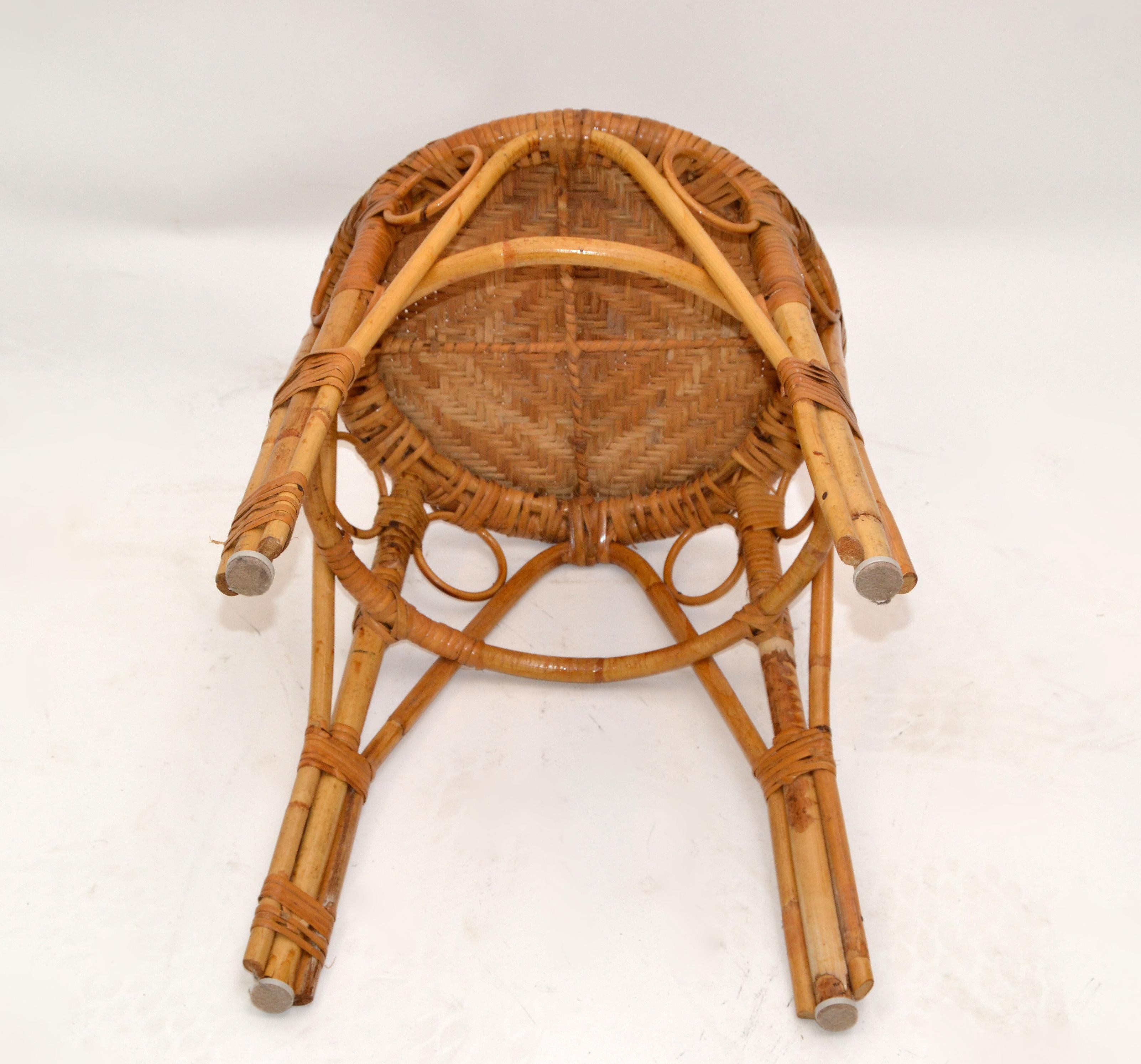 Vintage Bohemian Chic Woven Blonde Bamboo and Rattan Stool For Sale 2