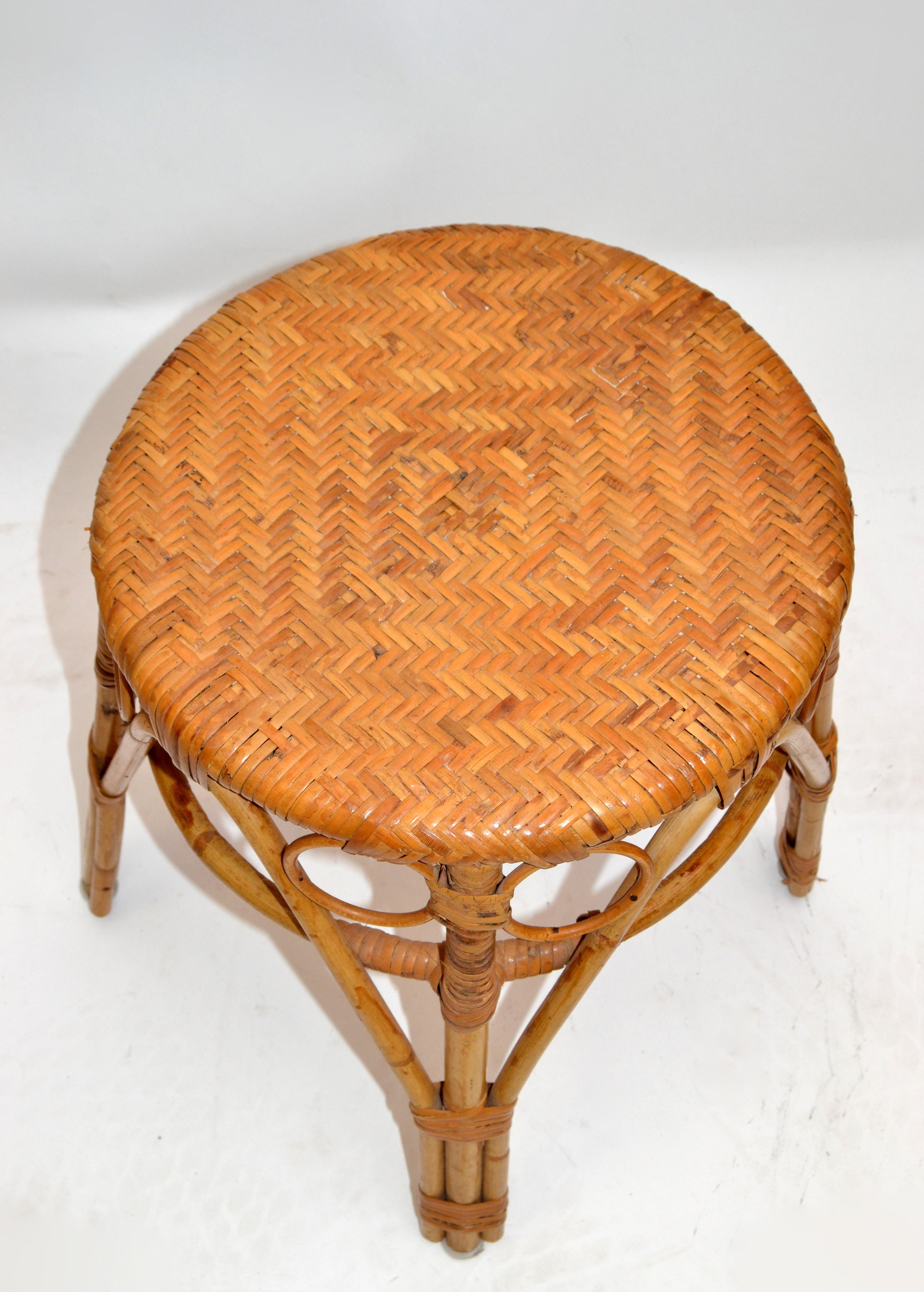 Vintage Bohemian Chic Woven Blonde Bamboo and Rattan Stool For Sale 3