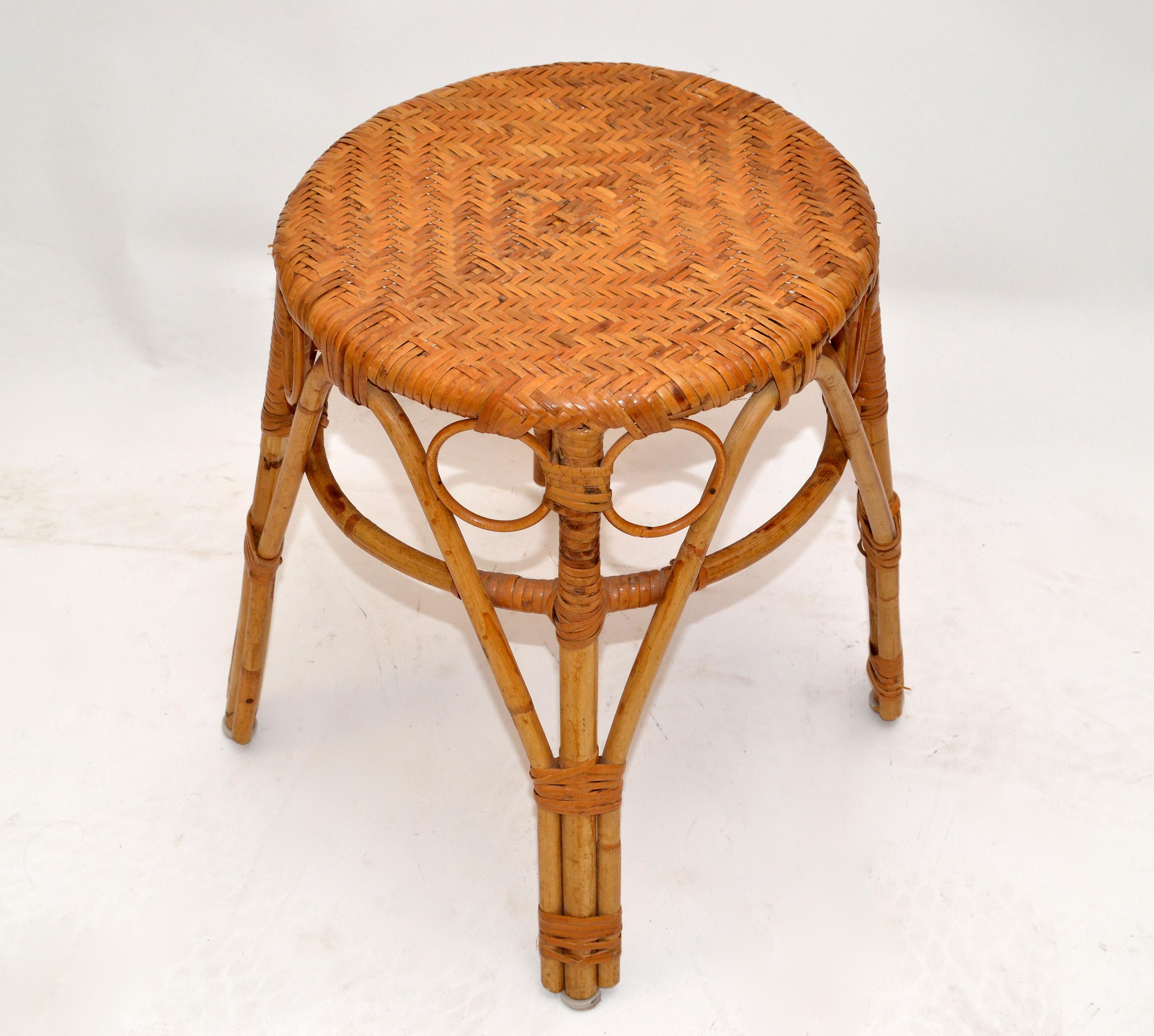Vintage Bohemian Chic Woven Blonde Bamboo and Rattan Stool For Sale 4