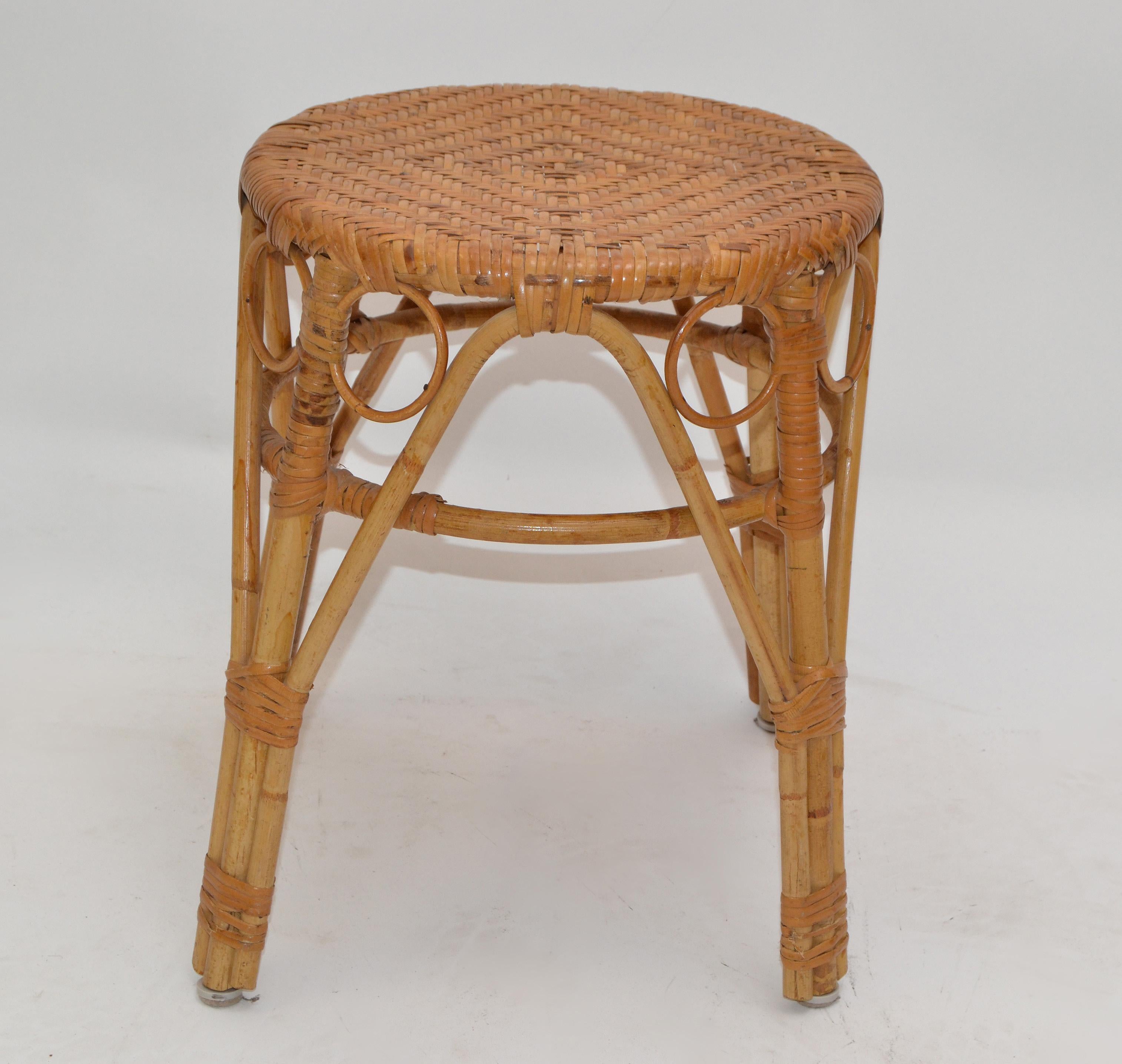 Boho chic vintage handcrafted taupe bamboo with handwoven cane top stool.
 