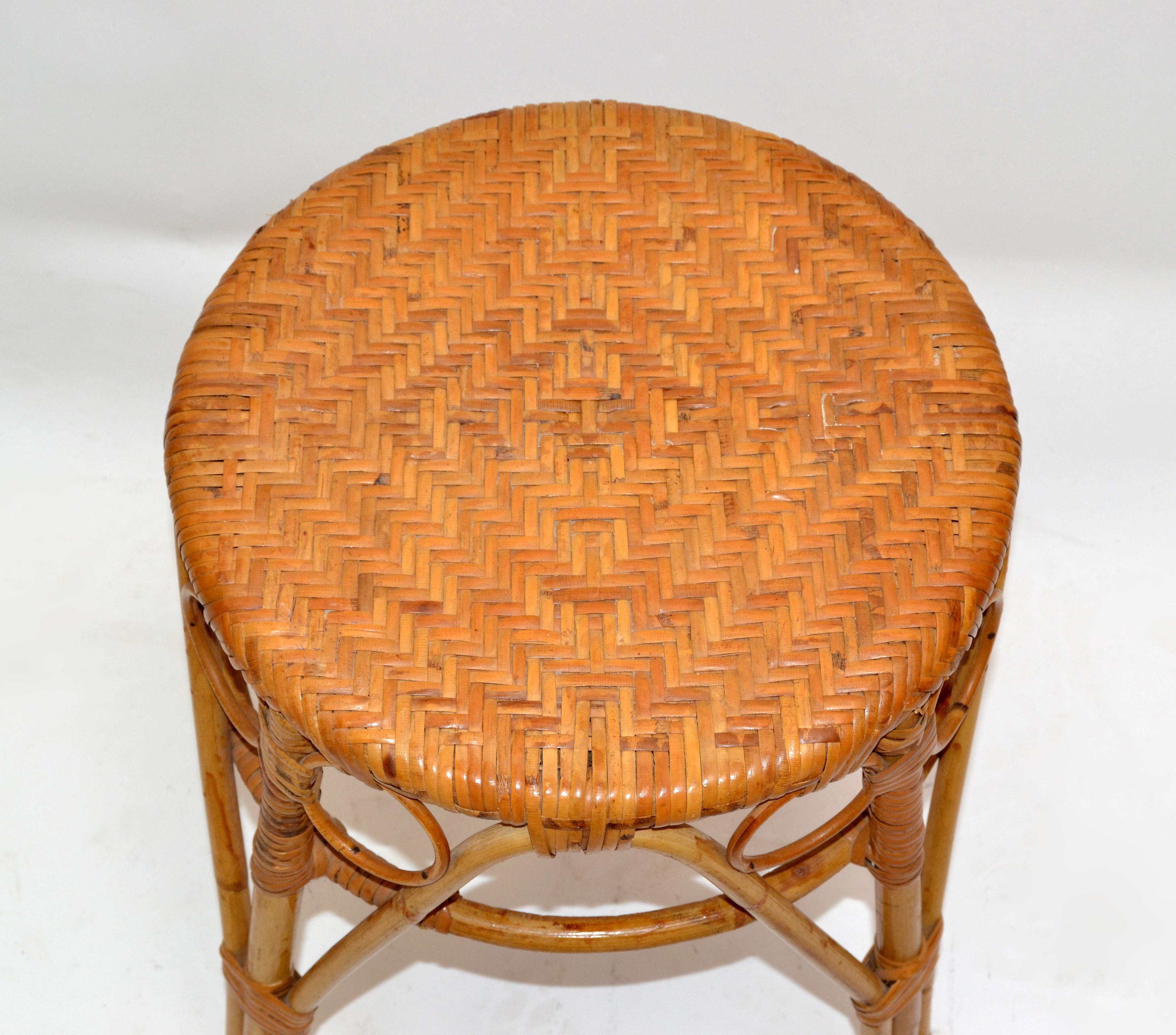 American Vintage Bohemian Chic Woven Blonde Bamboo and Rattan Stool For Sale