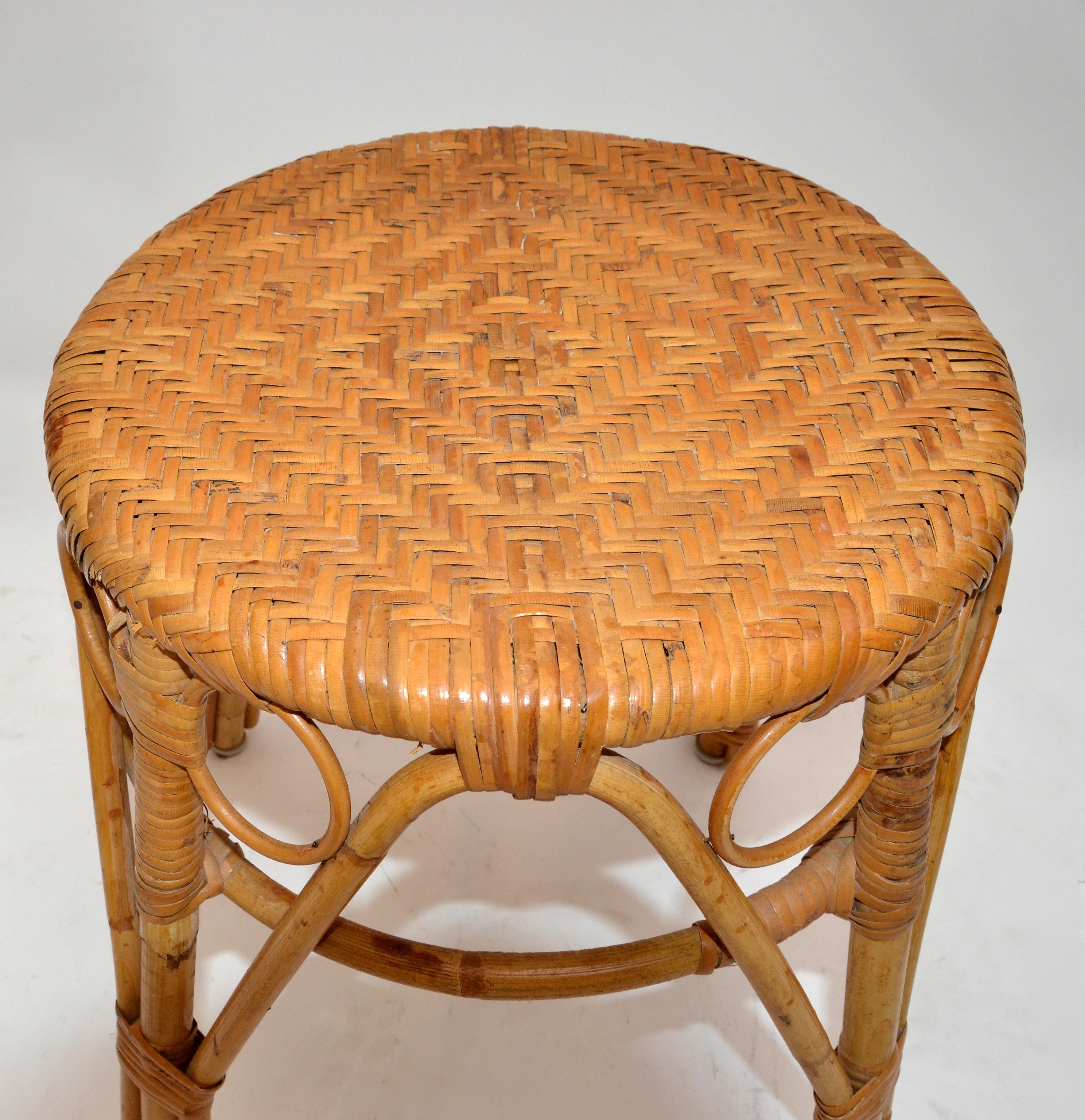 Hand-Woven Vintage Bohemian Chic Woven Blonde Bamboo and Rattan Stool For Sale