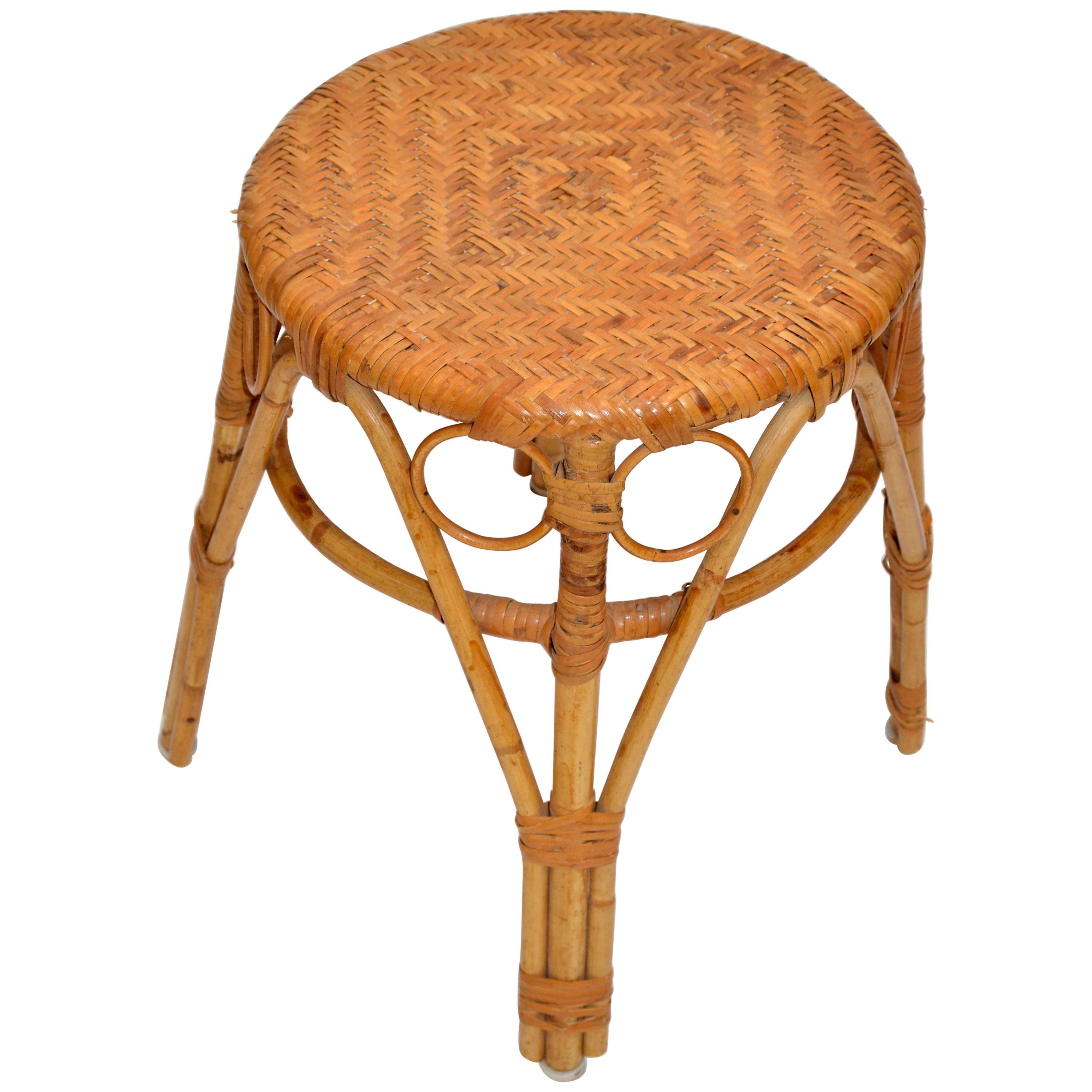 Vintage Bohemian Chic Woven Blonde Bamboo and Rattan Stool For Sale