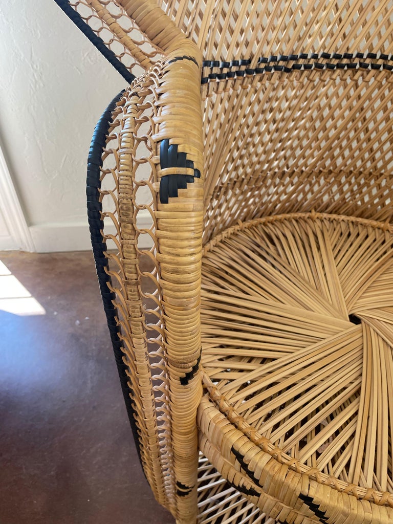 Vintage Bohemian Boho Rattan Peacock Chair with Black Details at
