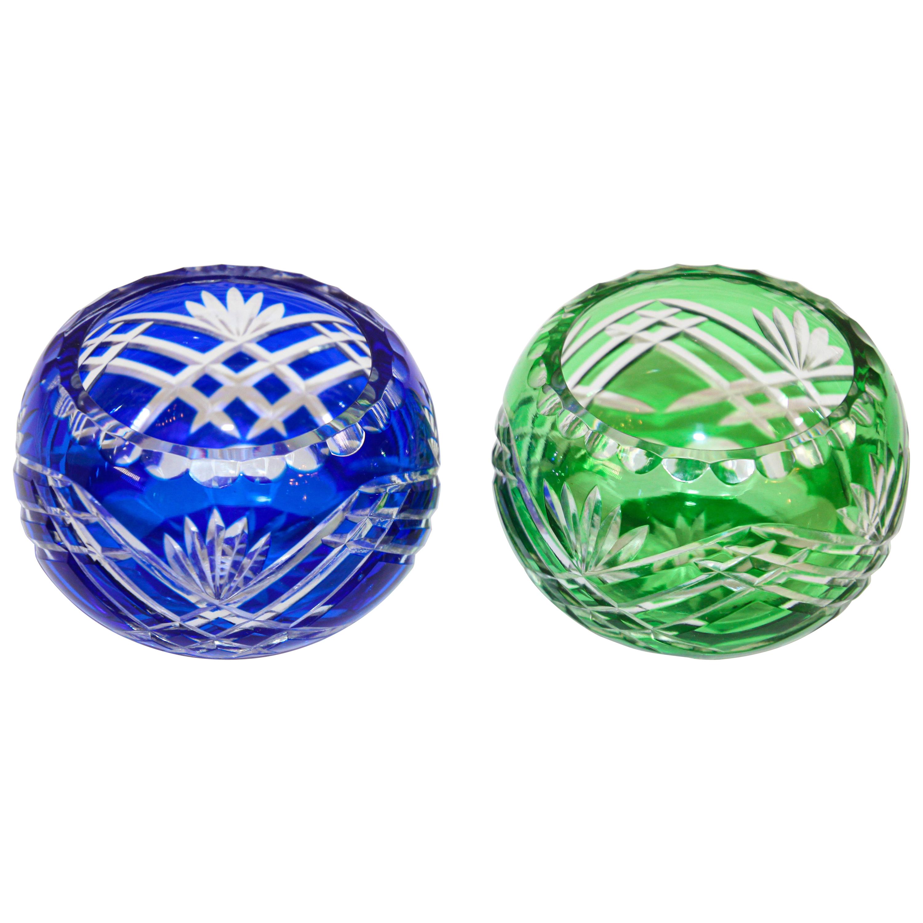 Vintage Bohemian Cobalt Blue and Green Cut to Clear Crystal Votive Candle Holder