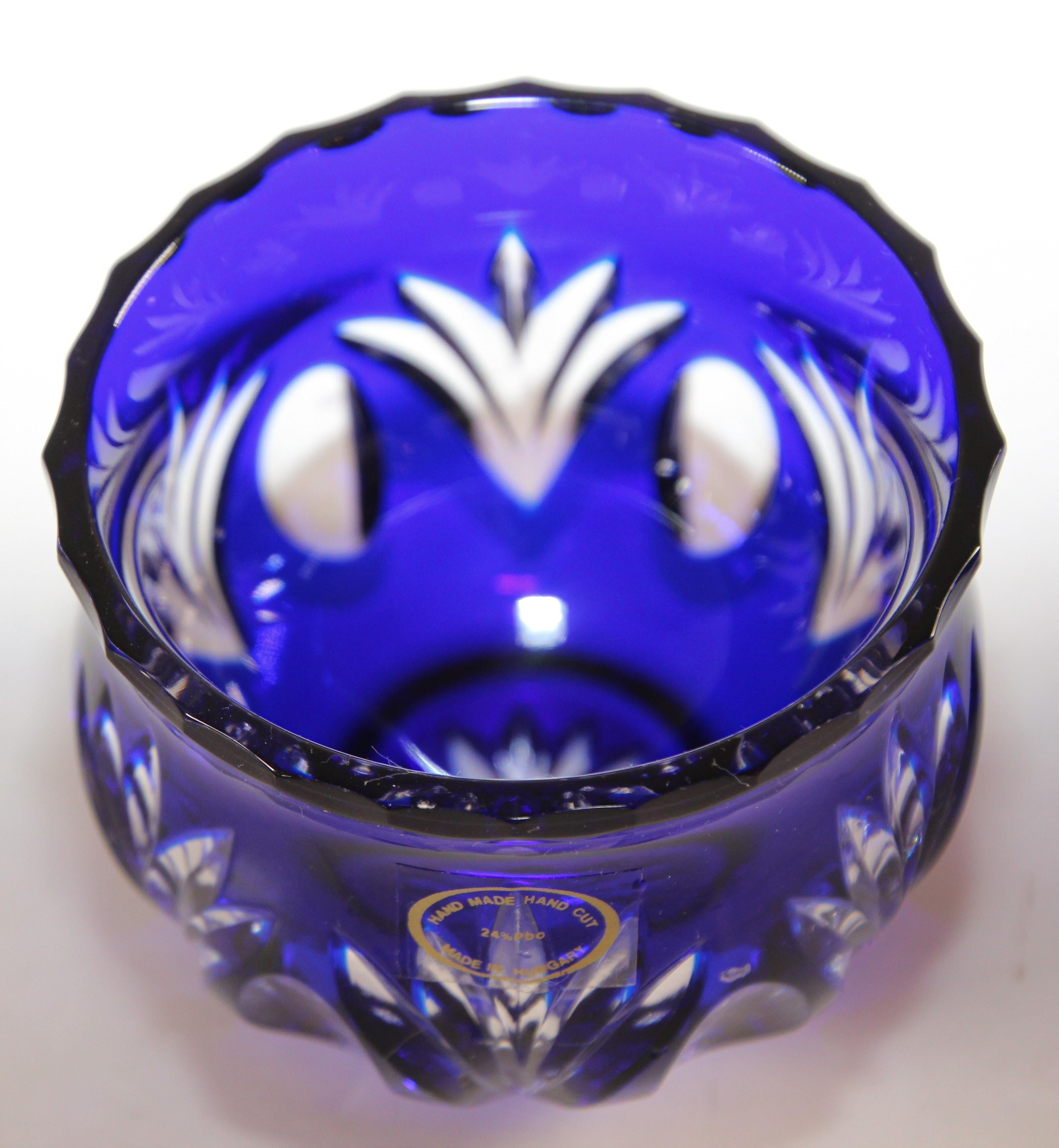 Pair of Vintage Bohemian Cobalt Blue Cut to Clear Crystal Votive Candle Holder 1