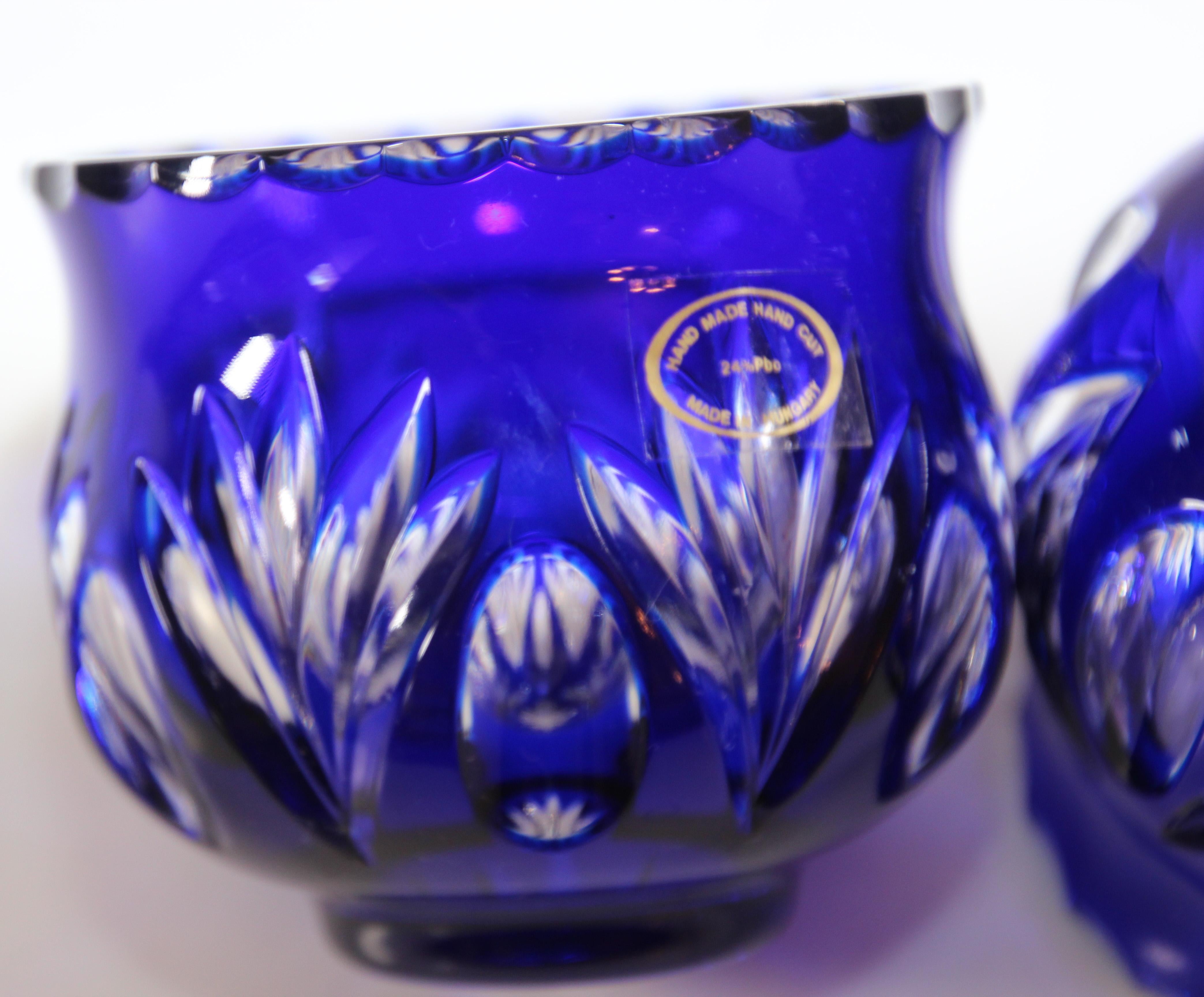 Pair of Vintage Bohemian Cobalt Blue Cut to Clear Crystal Votive Candle Holder 6