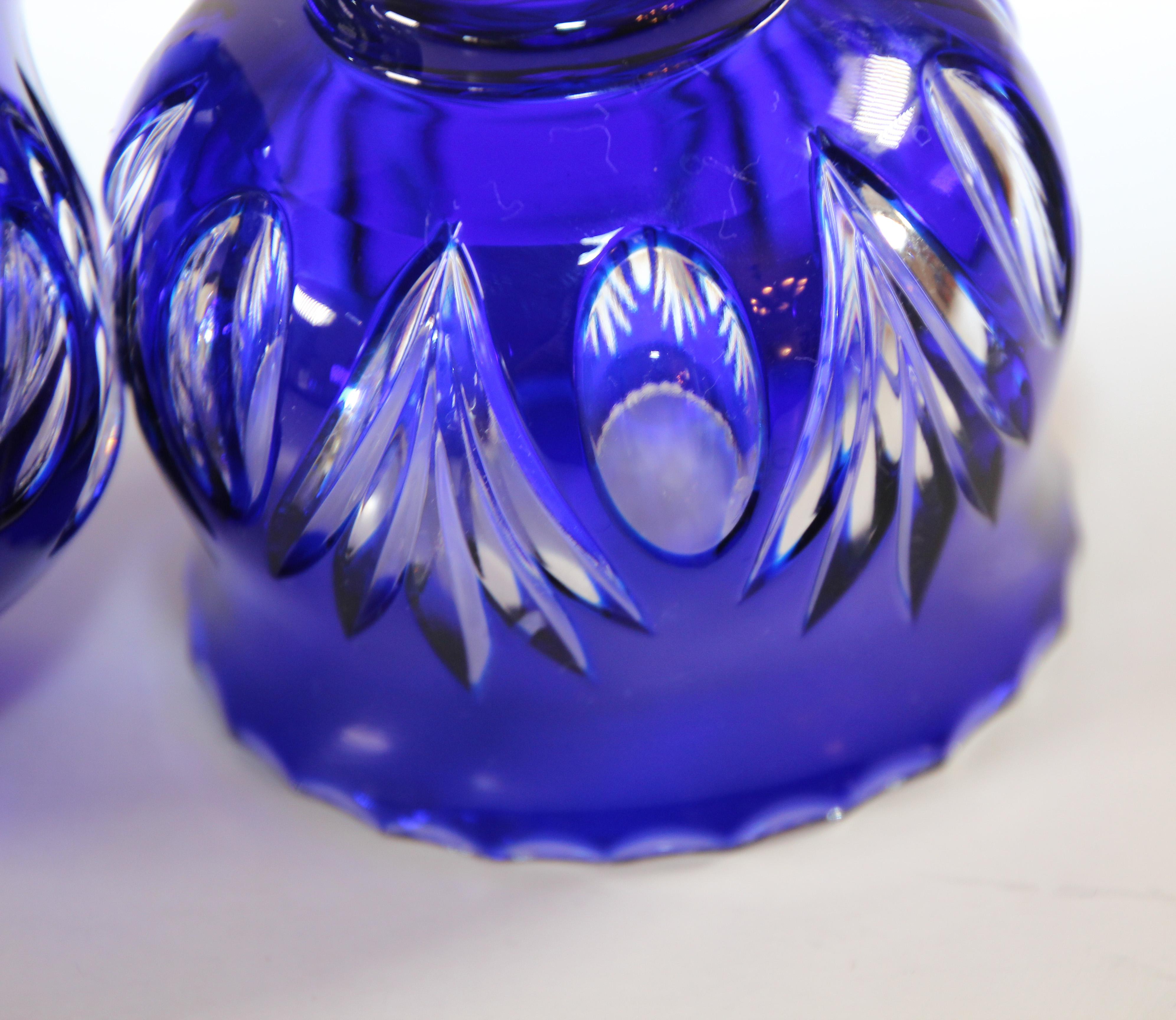 Pair of Vintage Bohemian Cobalt Blue Cut to Clear Crystal Votive Candle Holder 7