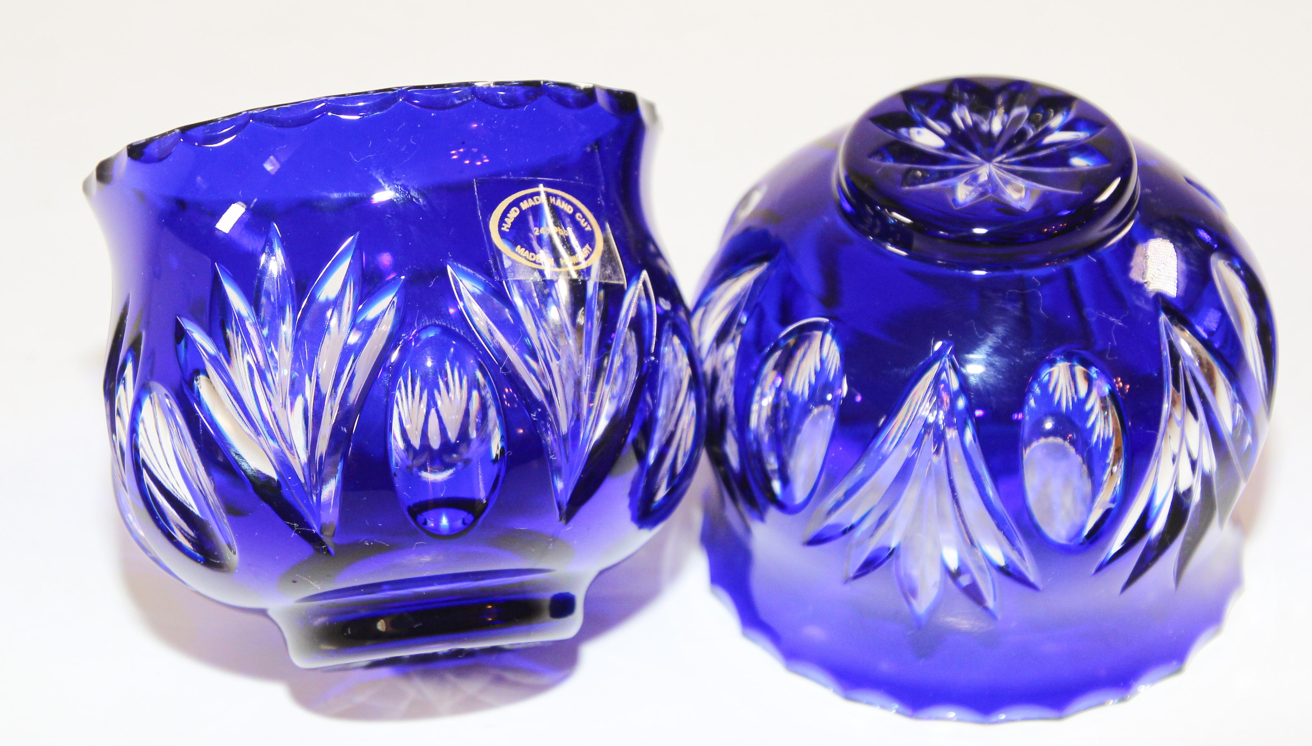 Pair of Vintage Bohemian Cobalt Blue Cut to Clear Crystal Votive Candle Holder 8