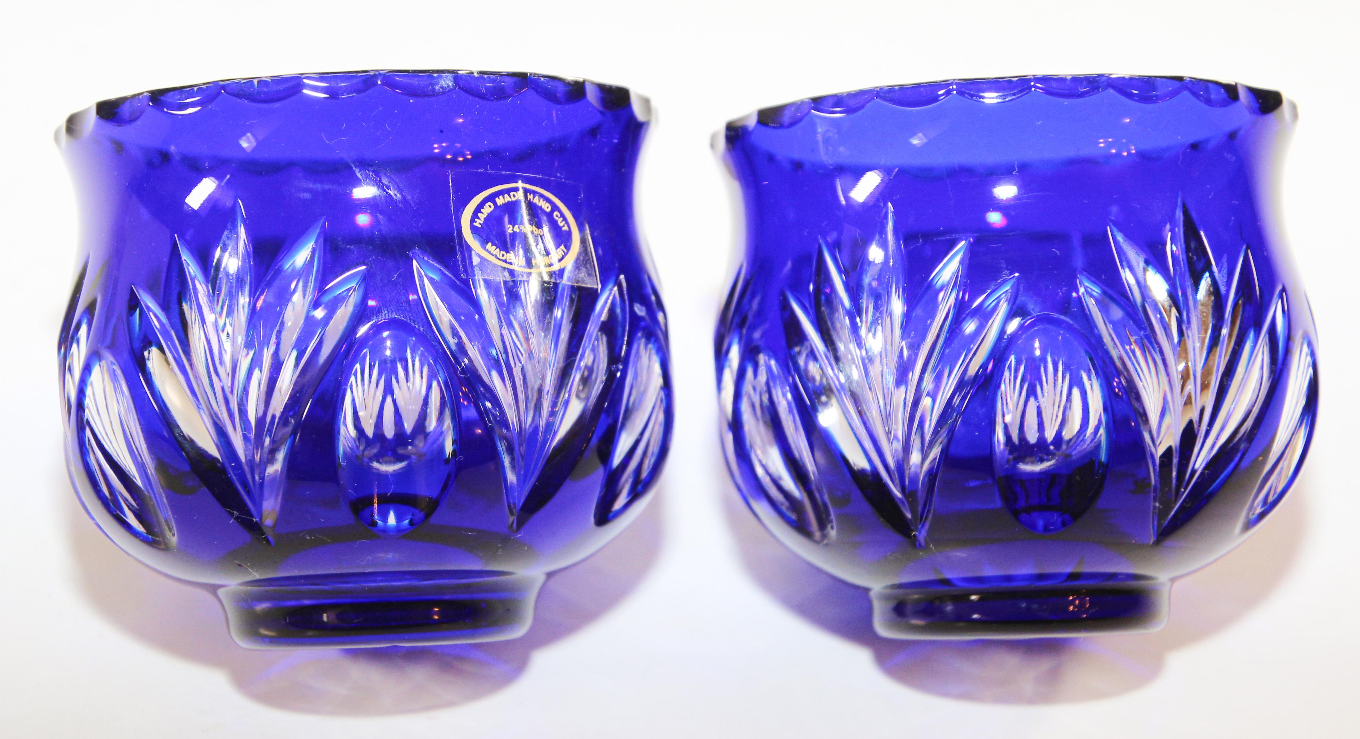 Pair of Vintage Bohemian Cobalt Blue Cut to Clear Crystal Votive Candle Holder 9