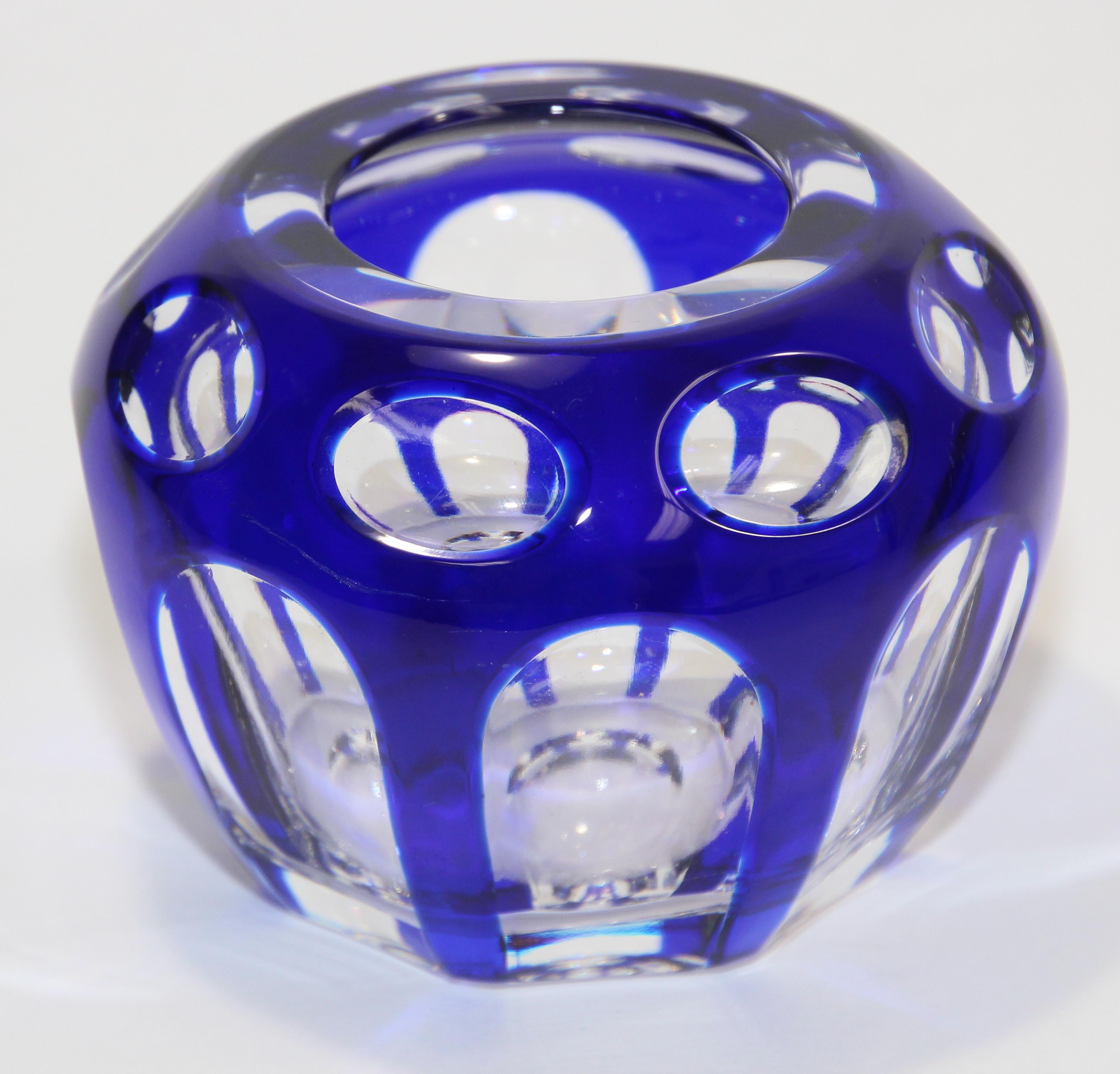 Vintage Bohemian Cobalt Blue Cut to Clear Crystal Votive Candle Holder For Sale 9